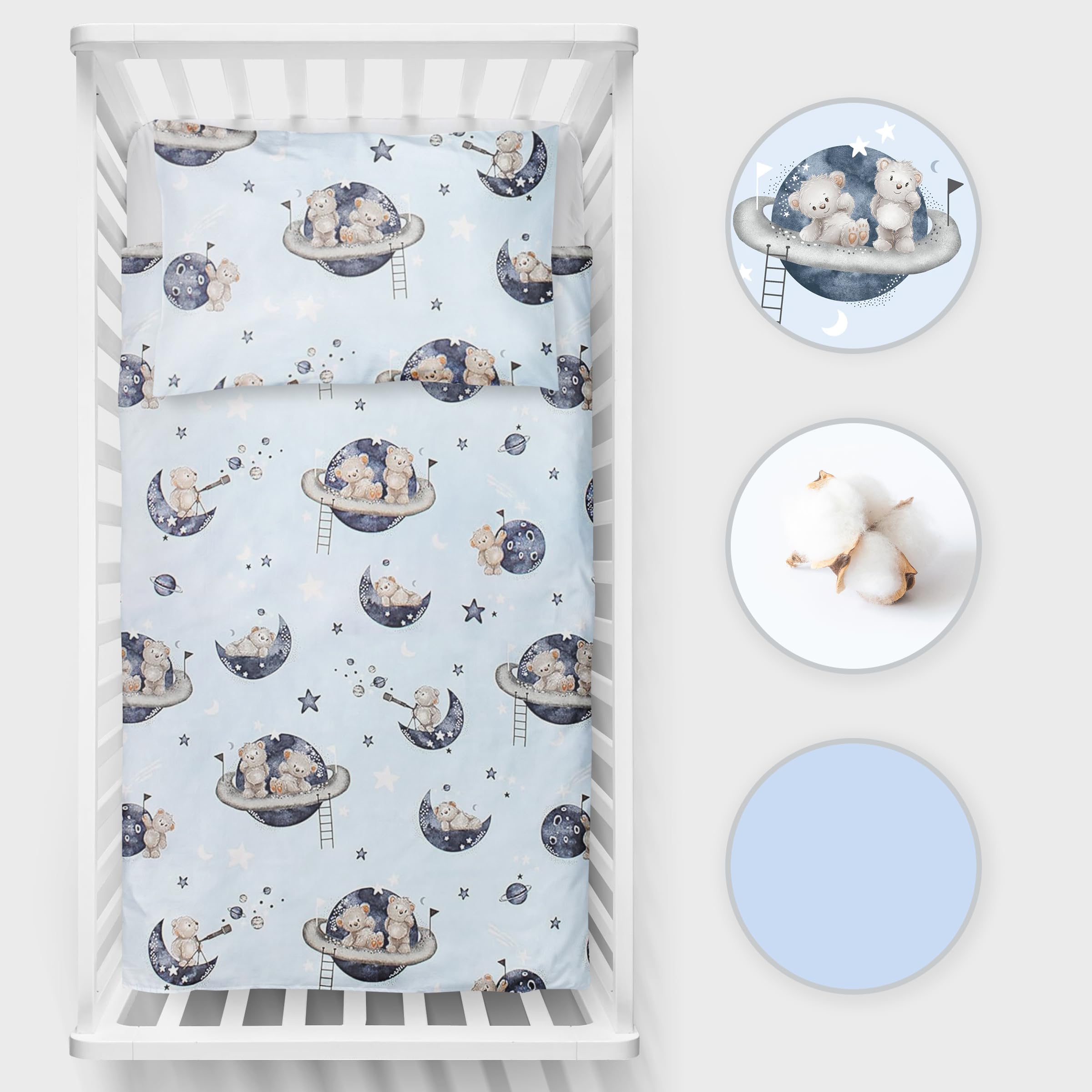Almohada de edredón de 5 piezas con fundas y sábana de jersey para cuna de 120 x 60 cm (osos en el espacio)