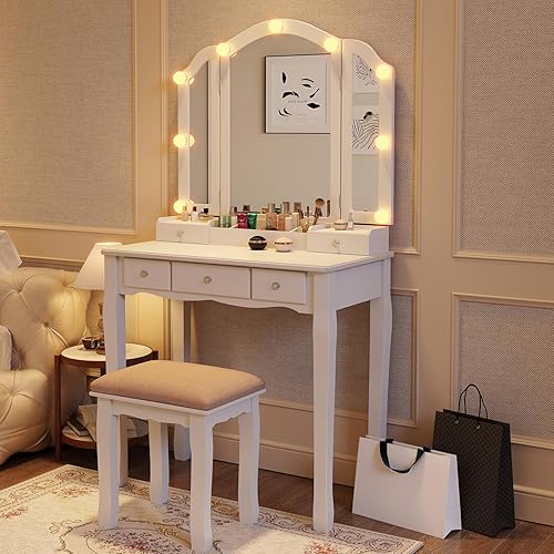 Miniatura 3 de Tocador de maquillaje con luces, escritorio blanco con espejo y luces, mesa de tocador con luces con espejo con luces y cajones, espejo de tocador
