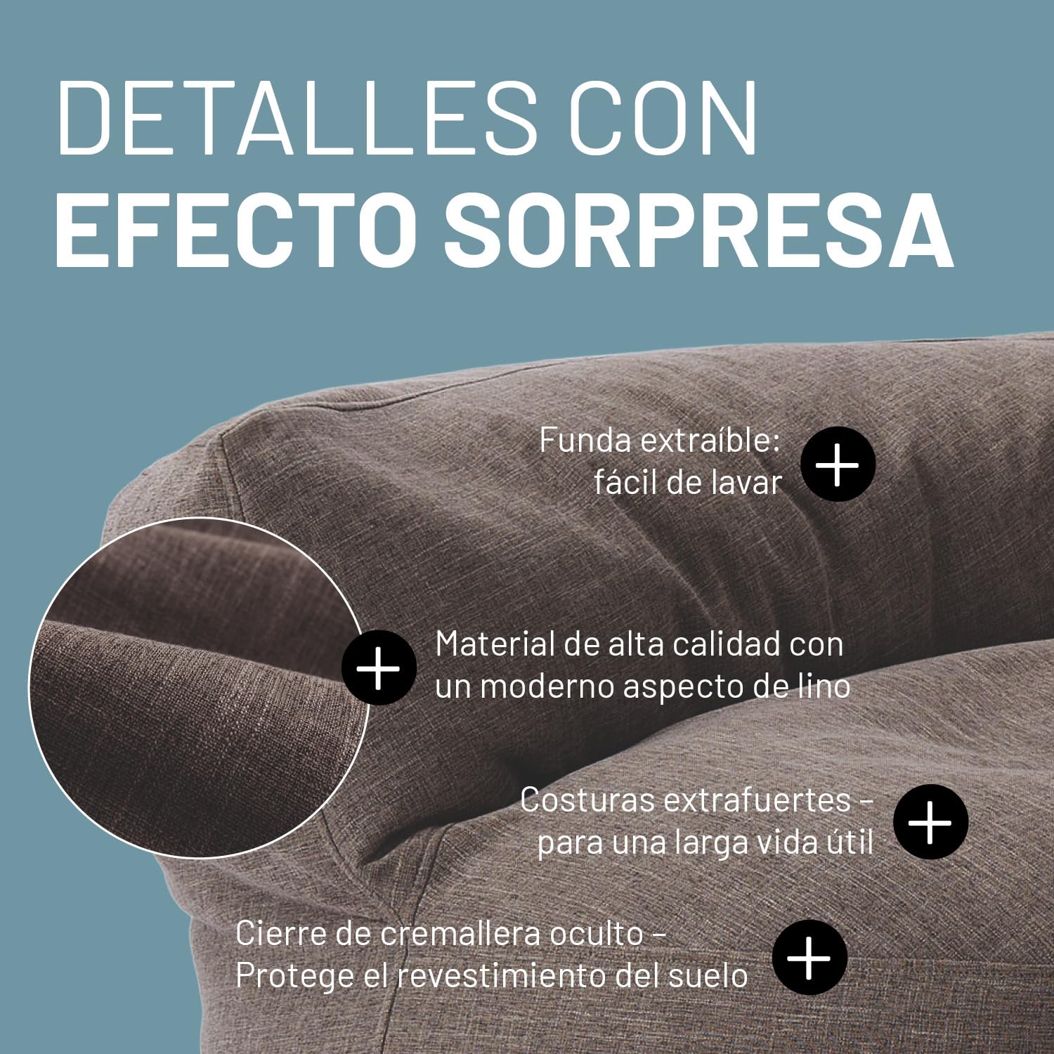 Lumaland Sofá Puff Redondo Grande 320l con Respaldo & Relleno Incluido - Sillón Relax de Lino para Interior - Mueble Ideal para Salón y Habitación - 90 x 50 cm/Marrón