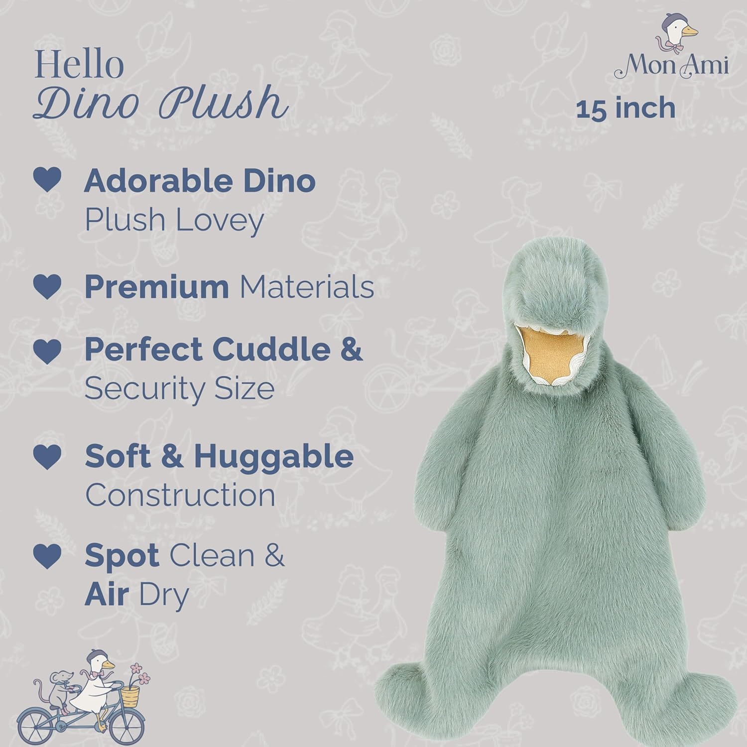 MON AMI Dino Plush Lovey for Babies – 15 Inches | Perfect Newborn Essential for Birthdays & Baby Showers | Soft Comfort Toy for Cuddles & Sensory Play