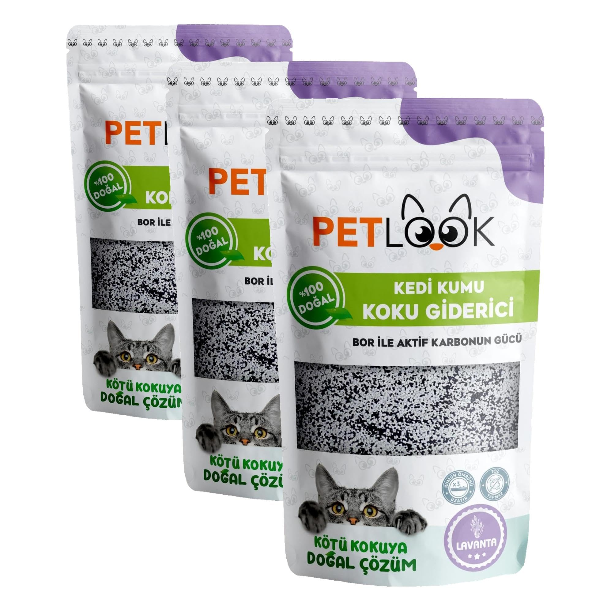 Petlook Kedi Kumu Koku Giderici Aktif Karbon Katkılı Kokusuz 300 gr (LAVANTA) (3 paketi)