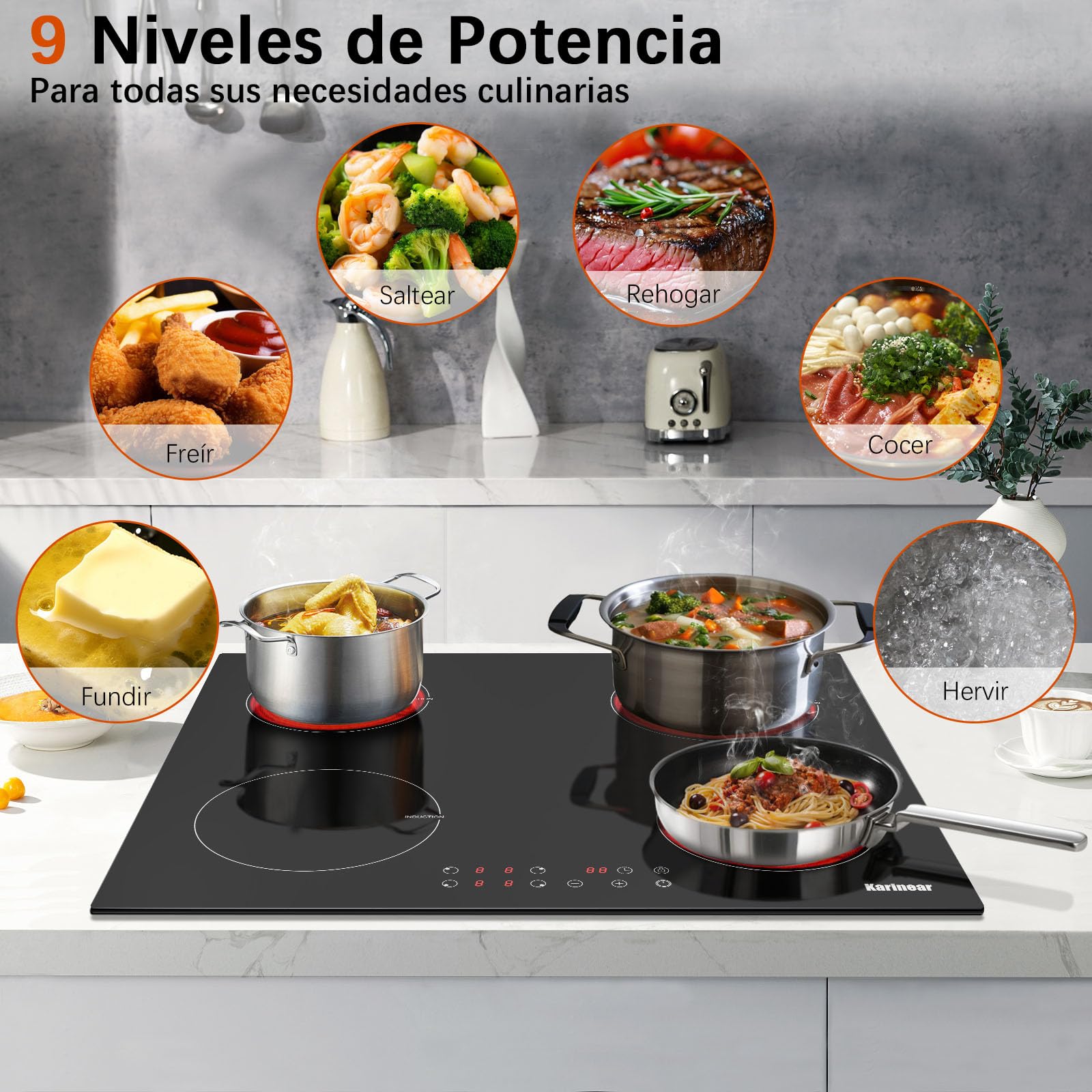 Karinear Piano Cottura a Induzione Elettrico, 60cm Piastra con 4 fuochi, Piani Cottura a Spina 3500W con 9 Power Comandi Toccare, Blocco di Sicurezza per Bambini, Timer Lock, Vetro, Nero