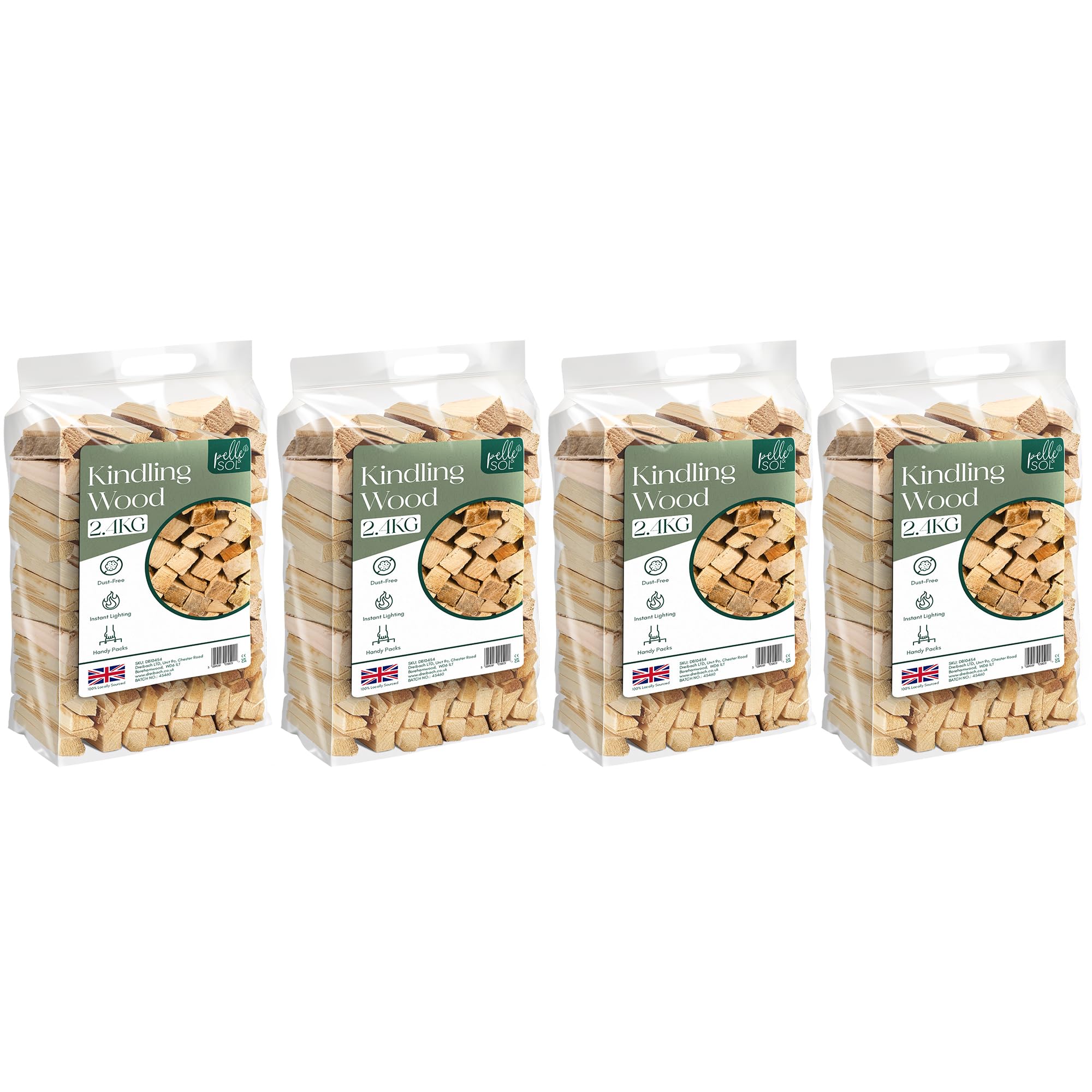 Pelle & Sol Kindling Wood 4 Pack x 2.4 Kg (9.6 Kg Total) – Kiln Dried Fire Wood, Smokeless Fire Logs, Instant Light, Long-Burning Heat Logs for Wood Burner, Firewood, BBQ & Pizza Oven