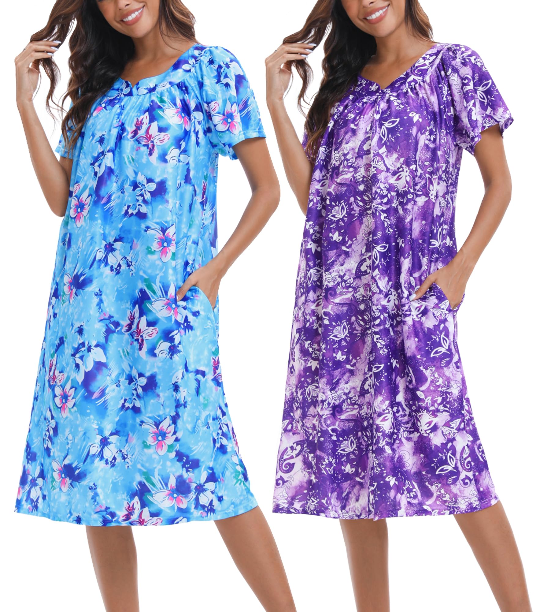 FEREMO 2 Pack House Dresses for Women with Pockets Moo Moos Nightgowns Short Sleeve Mumu Lounge Dress