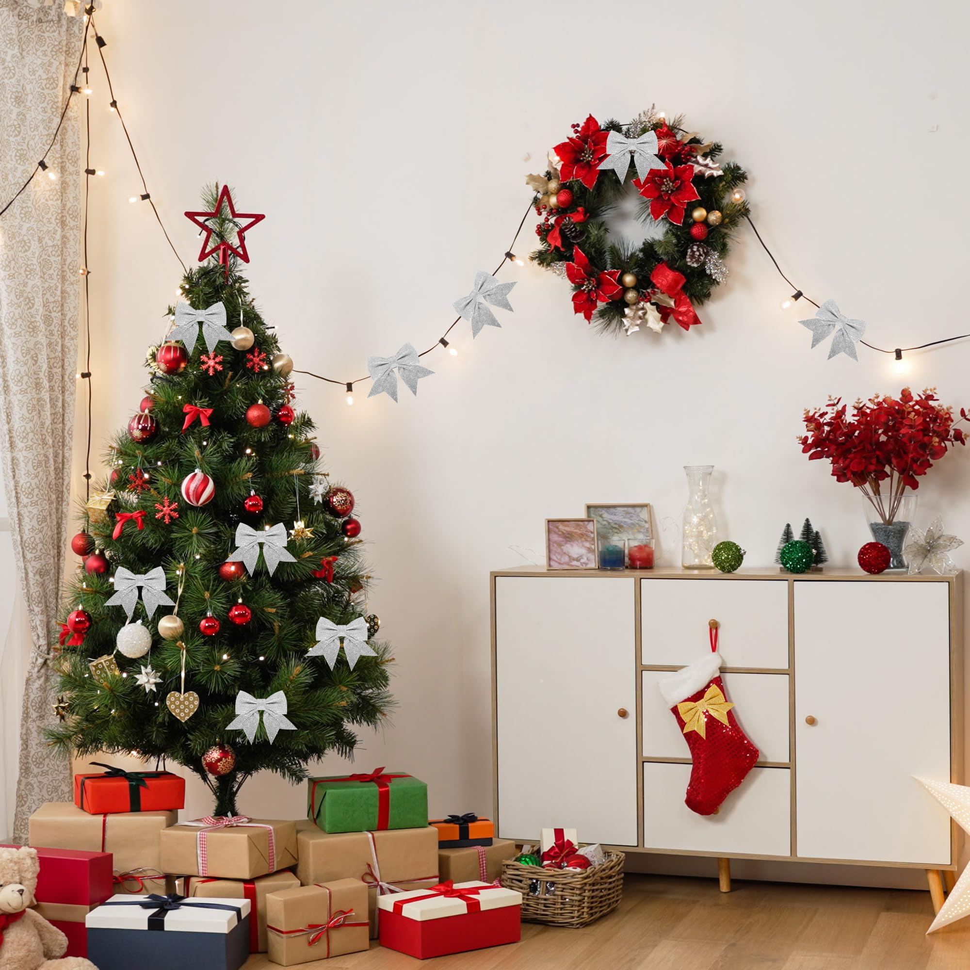 Lazos Plateados Con Purpurina Para Navidad - Pack 8 Unidades, 15 Cm, Decoración árbol