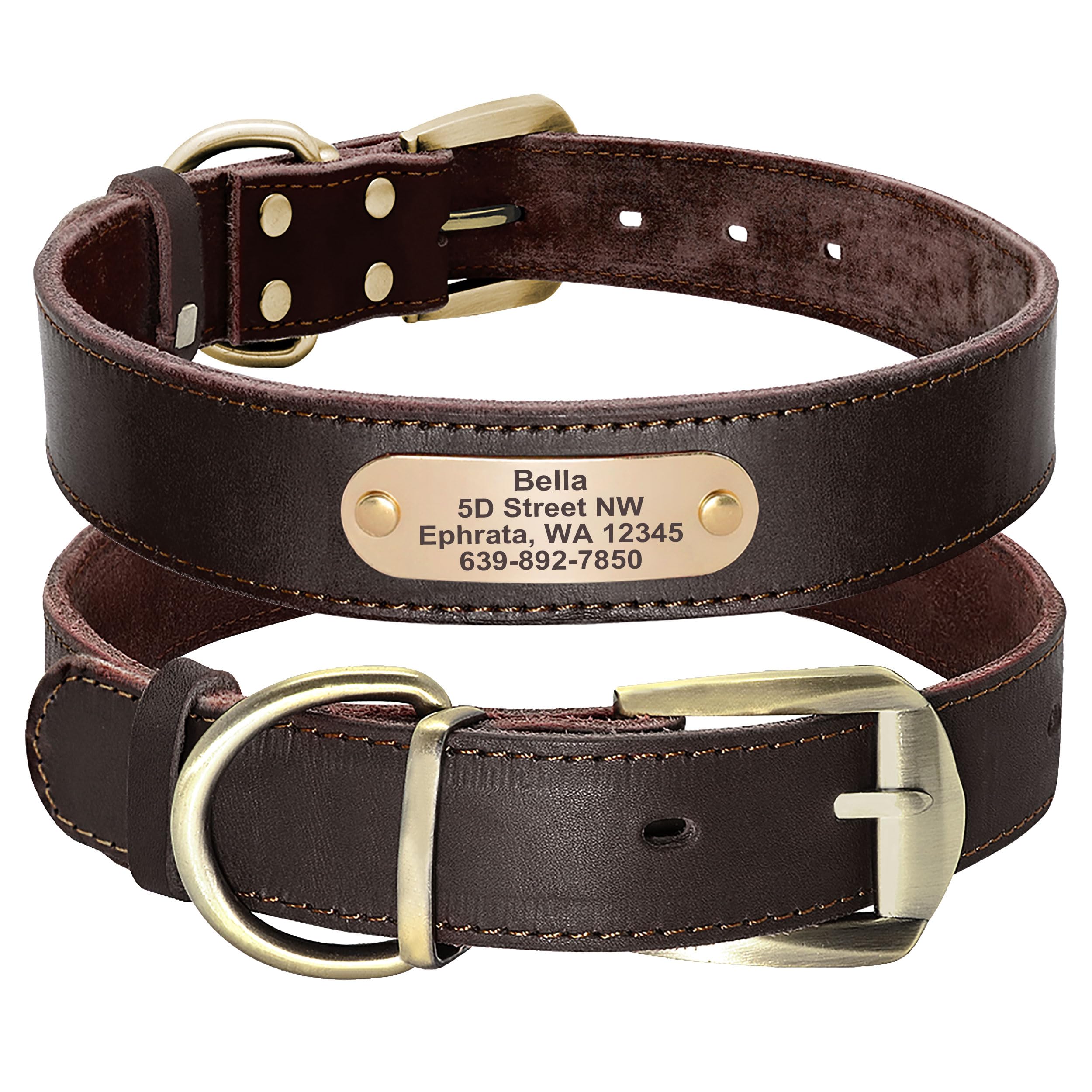 Didog Genuine Leather Dog Collars with Engraved Nameplate, Personalized Soft Leather Dog Collar with Custom ID Tag, Brown/Green/Red for Medium Large