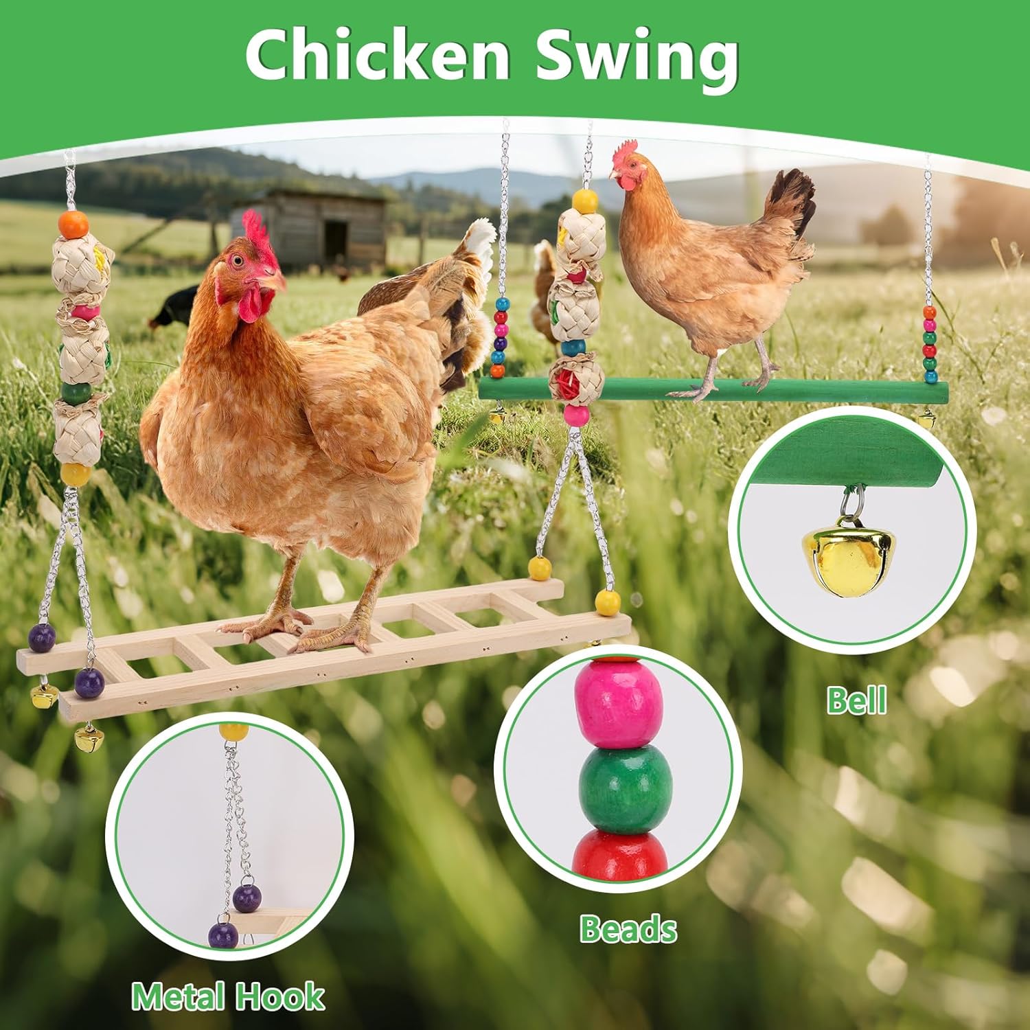 Chicken Toys for Coop Set 12PCS Chicken Enrichment Toys for Hens, Including Xylophone, Swing, Chicken Mirror, Chicken Flexible Ladder, Vegetable String Bag and Hanging Feeder Coop Toy Accessories