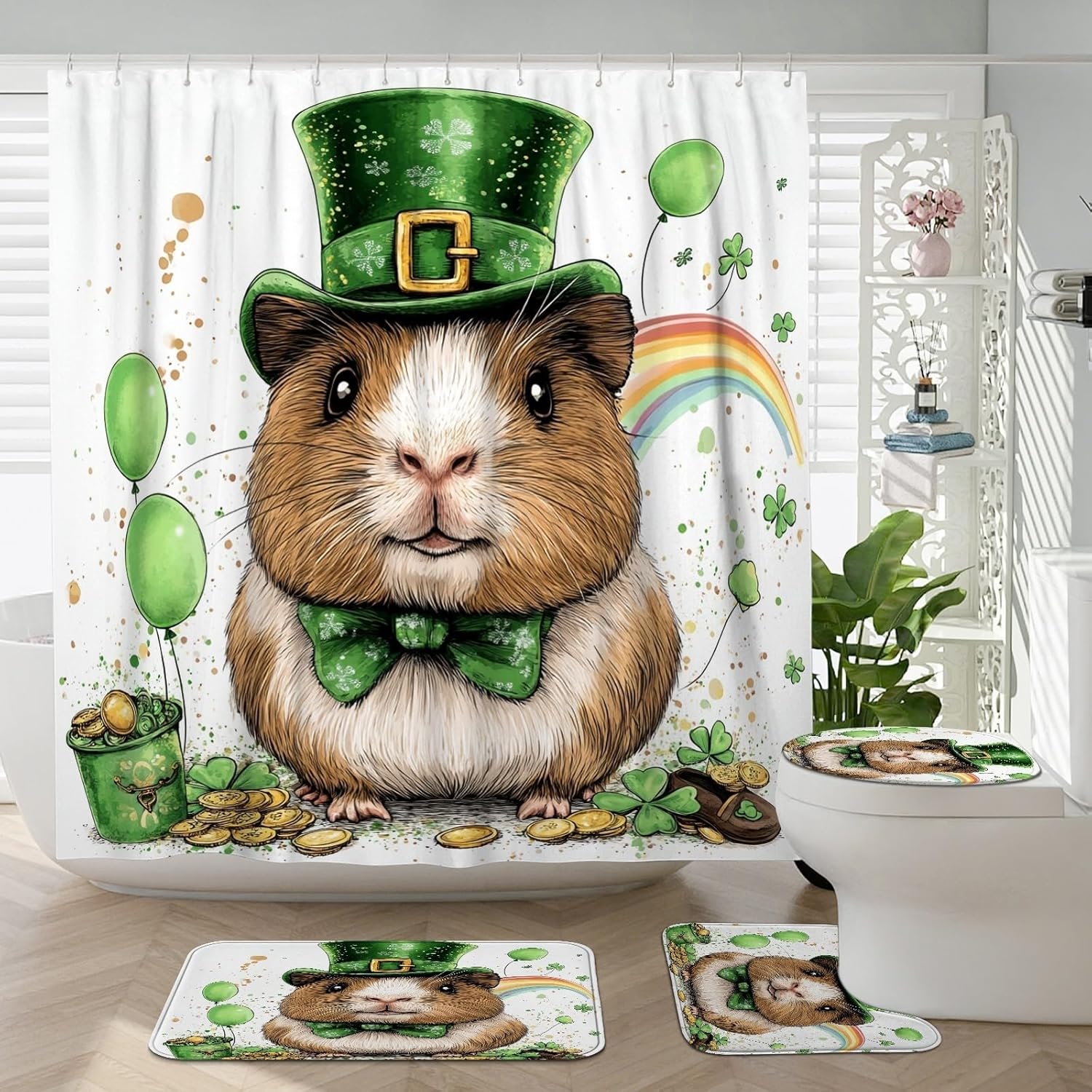4PCS St.Patrick's Day Guinea Pig Bathroom Accessory Sets with Non-Slip Rug, U Shape Toilet Lid Cover Mat, Fun Cartoon Animal Bathroom Decoration 72''x72''