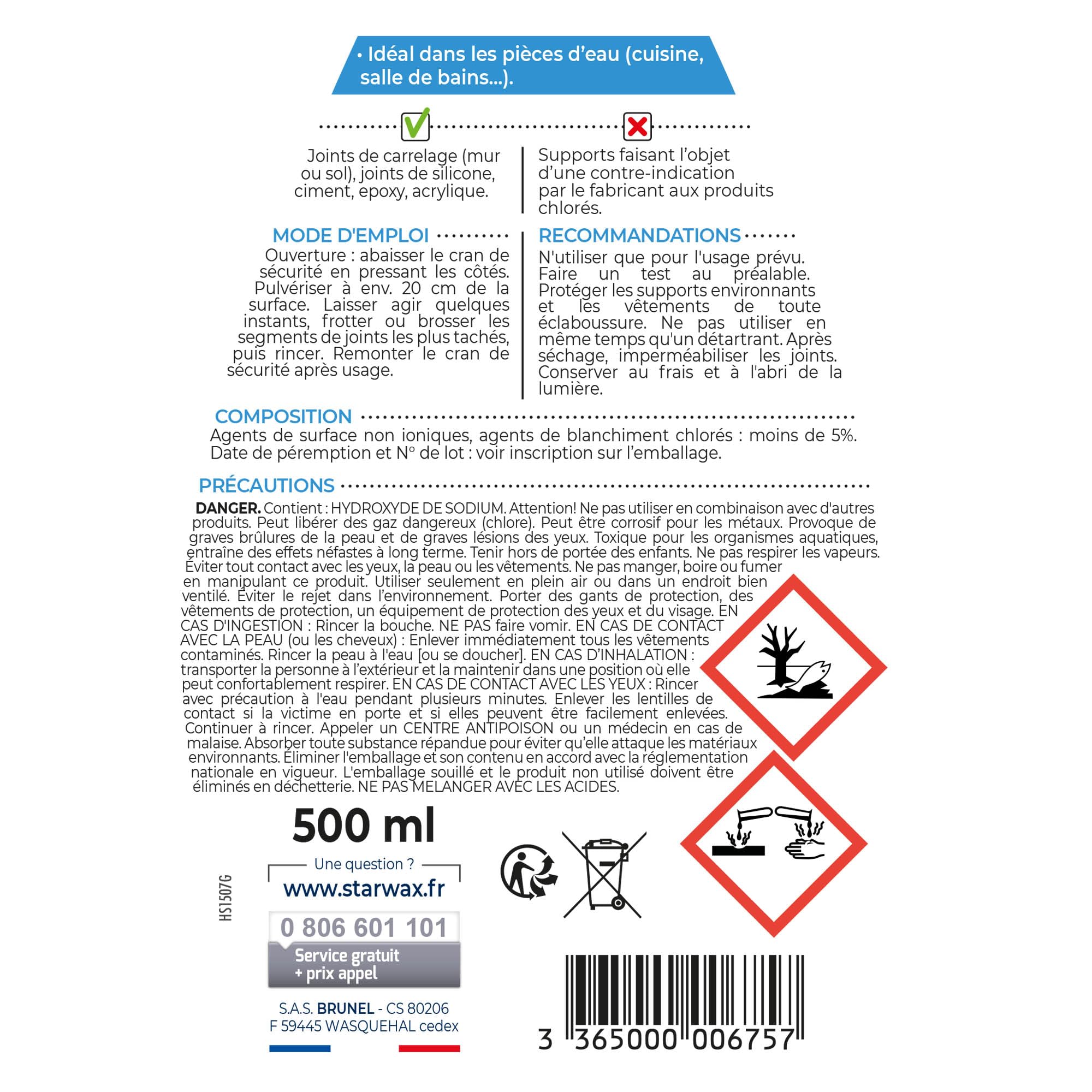 STARWAX – Desenrosante juntas – Elimina las huellas de grasa y sarro – Fórmula blanqueada – Acción rápida – Pulverizador práctico – Fabricado en Francia – Lote de 3 x 500 ml | Elimina manchas de grasa y manchas de sarro en baldosas, fórmula blanqueada efi