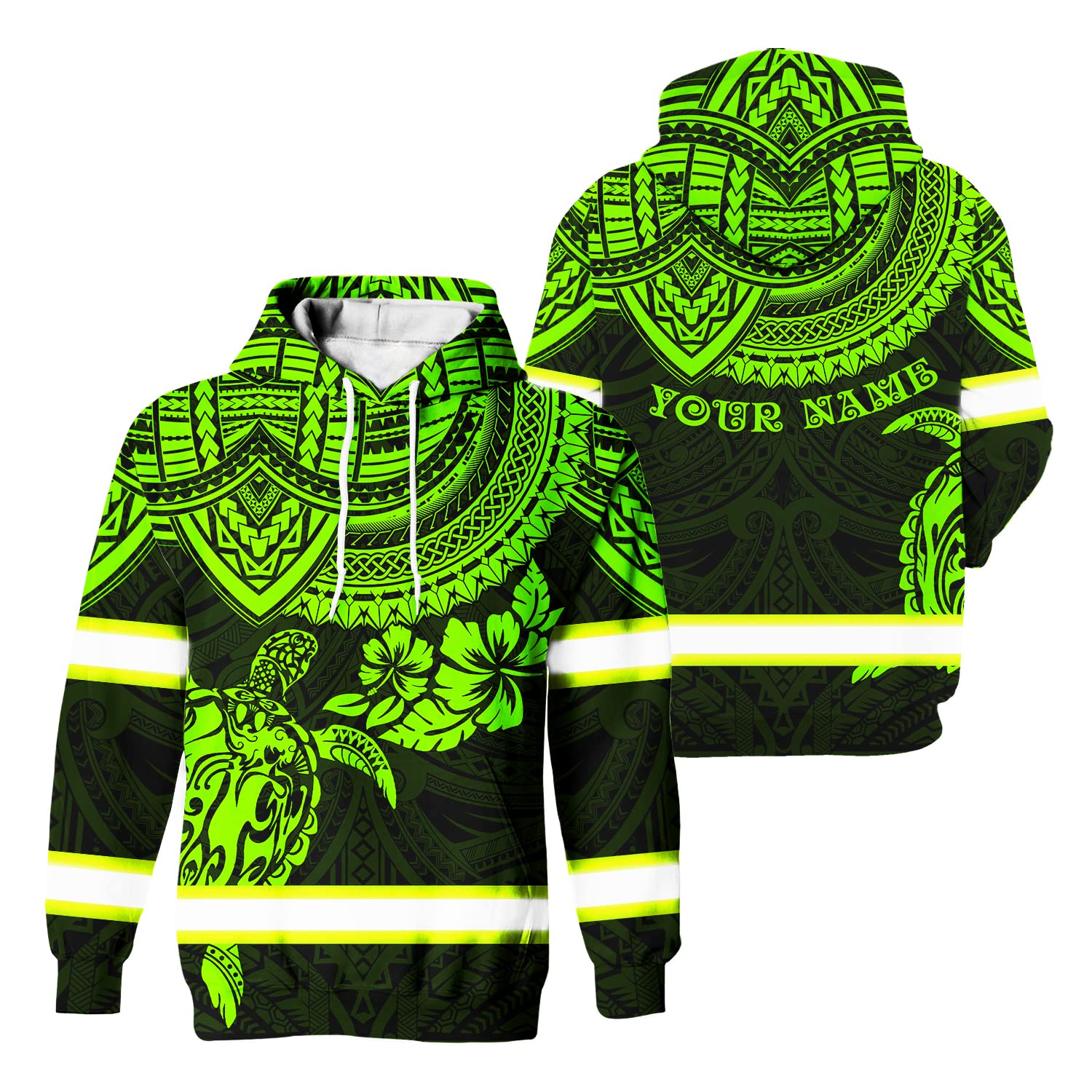 Matedecor Safety Hoodie Green Turtle Flower Hawaiian Customize Name High Visibility Hoodie for Men Reflective Hoodie Hi Vis Hoodie Workwear for Runners, Walkers, Trucker, Operator, Patriotic-L