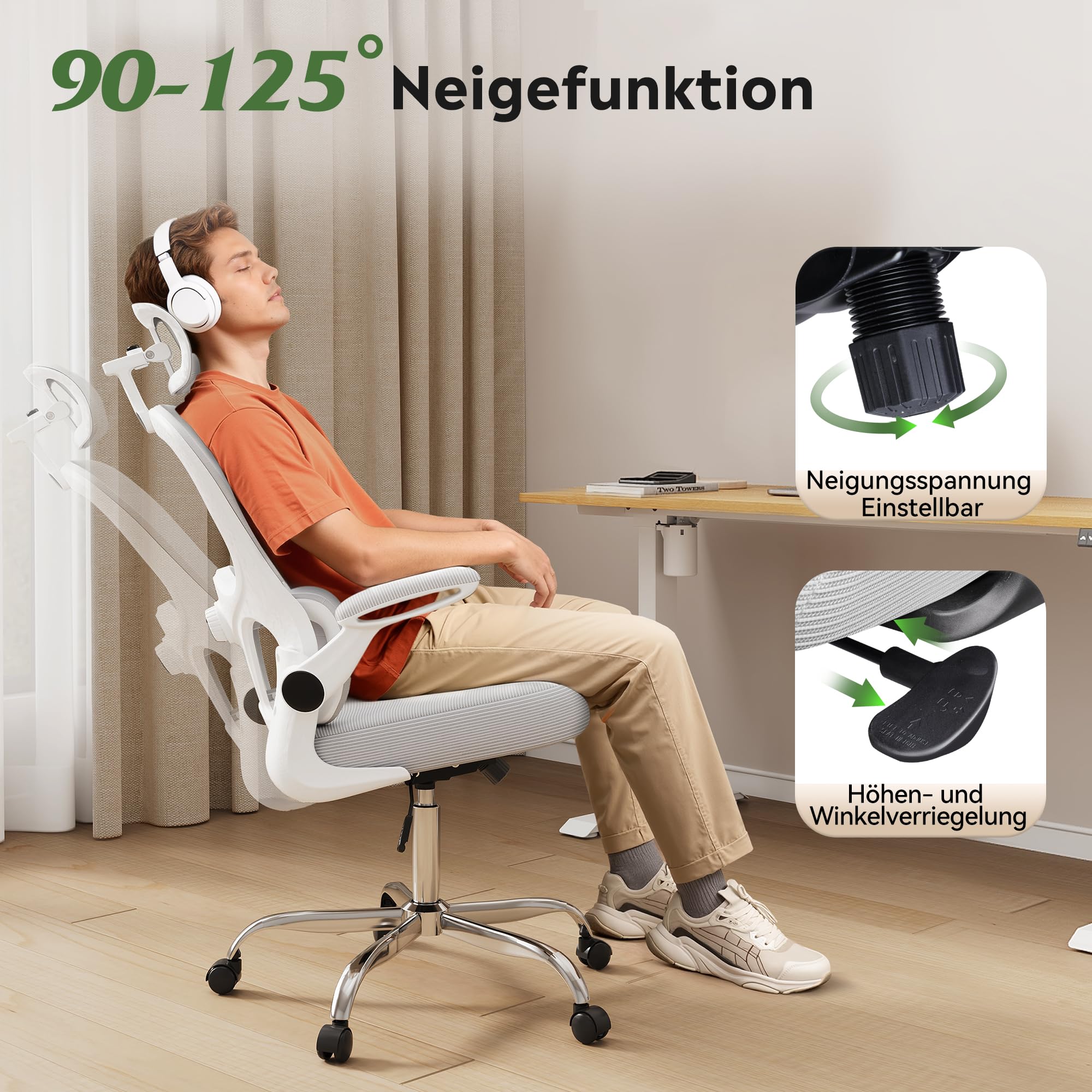 DEVAISE Bürostuhl Ergonomisch, Schreibtischstuhl mit Lendenwirbelstütze, 3D-Kopfstütze, 90° Klappbaren Armlehnen und Atmungsaktivem Netzrücken, Wippfunktion für Büro & Homeoffice, bis 150kg
