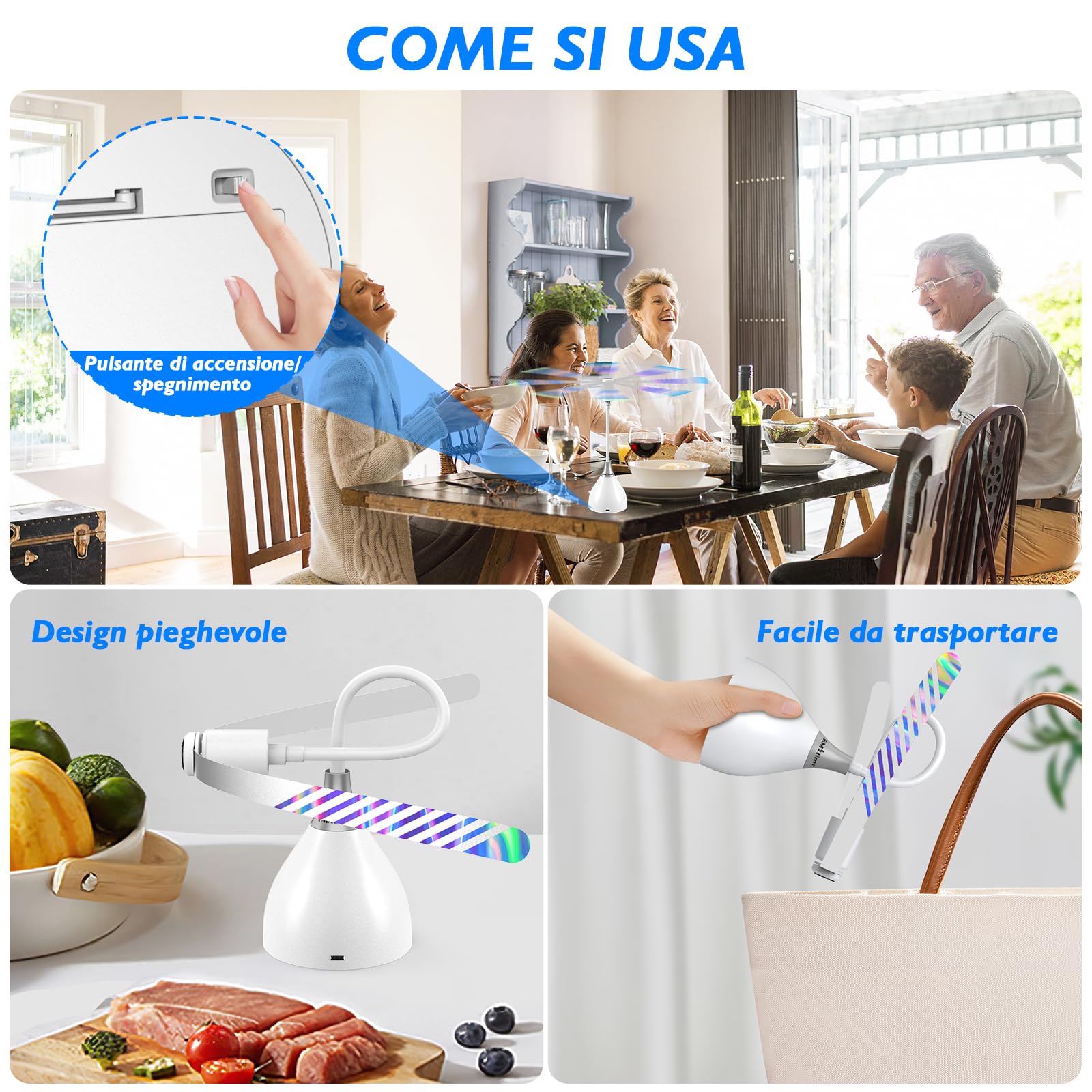 AMZtime 3PCS USB C Repellente Zanzare, Scaccia allontana Mosche da Tavolo Ventilatore Portatile con Interruttore, Ventilatore Anti-insetti, Pieghevole a 360°, Appendibile Bianco