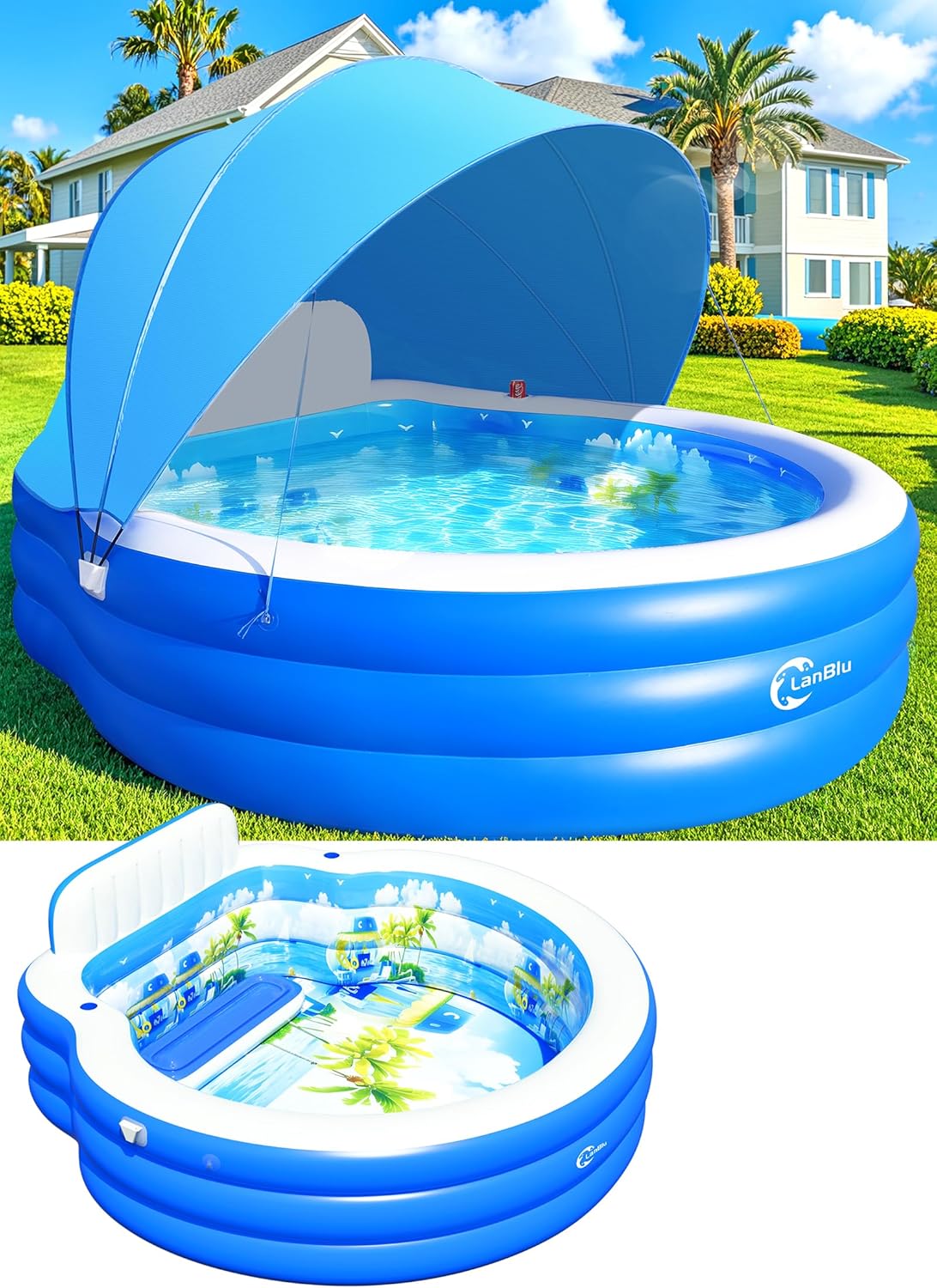 2026 Upgraded Inflatable Pool with Canopy, Inflatable Family Lounge Pool, Round Blow Up Pool for Adult with Bench & Backrest, Swim Center Easy Backyard Pools for Adults, 90"x90"x80", Cyan