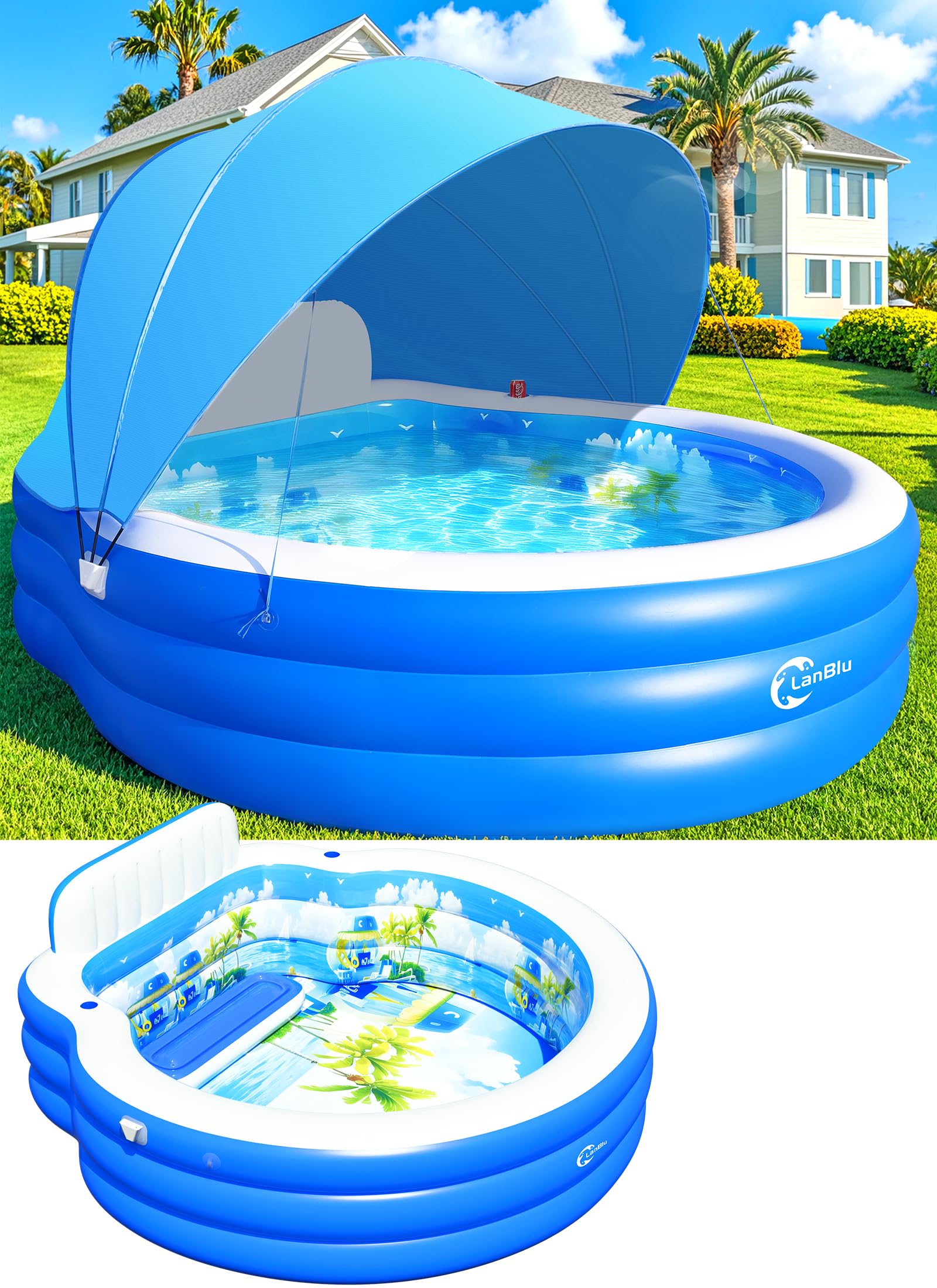 2026 Upgraded Inflatable Pool with Canopy, Inflatable Family Lounge Pool, Round Blow Up Pool for Adult with Bench & Backrest, Swim Center Easy Backyard Pools for Adults, 90"x90"x80", Cyan