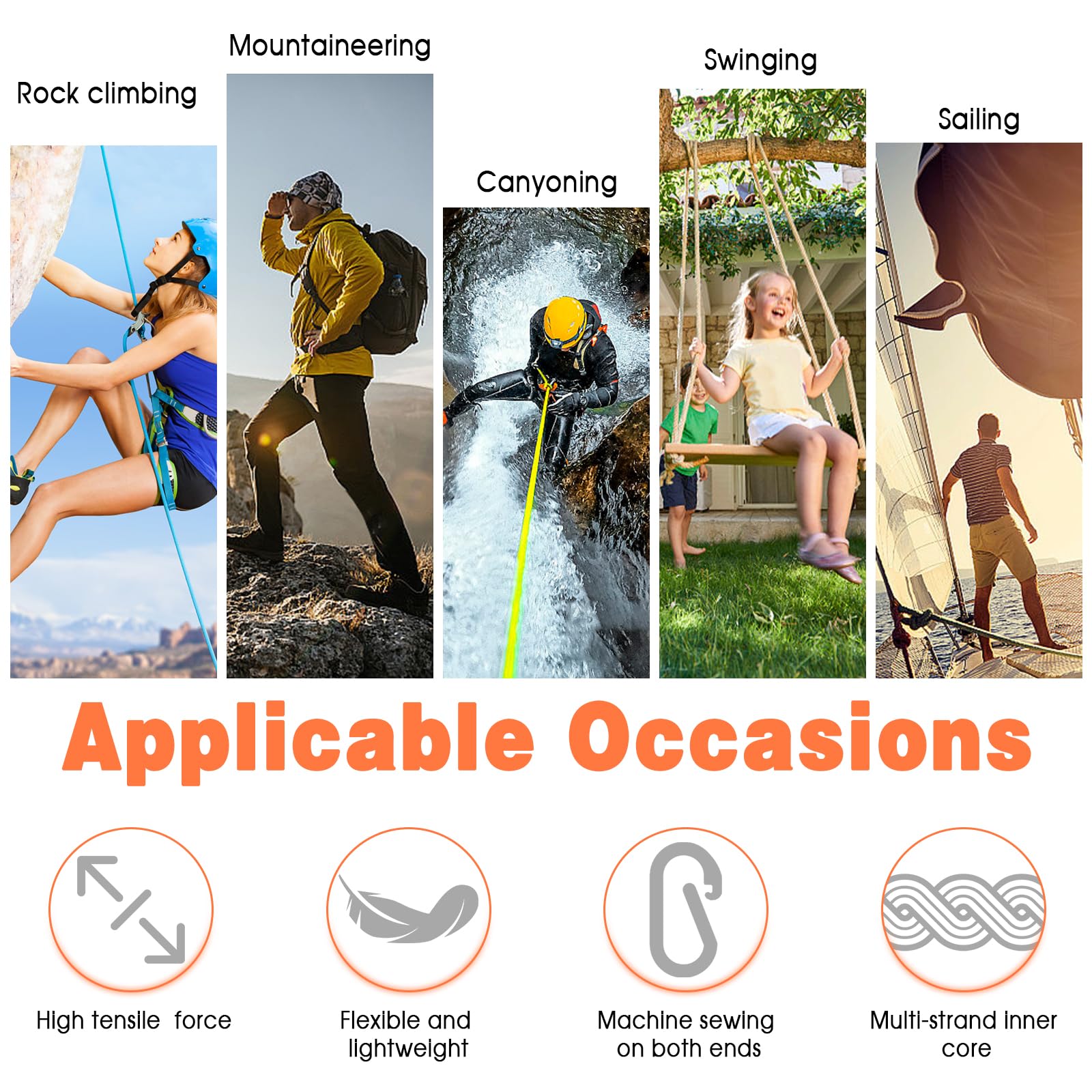 10mm*20M Kletterseil, Outdoor Sicherheitsseil, Nylon Seil Statisches Kletterseil mit 2 Karabinern Rettungsseil Feuerrettungs-Fallschirm-Seil für Arbeiten in der Höhe/Feuerleiter/Abseilen/Sport