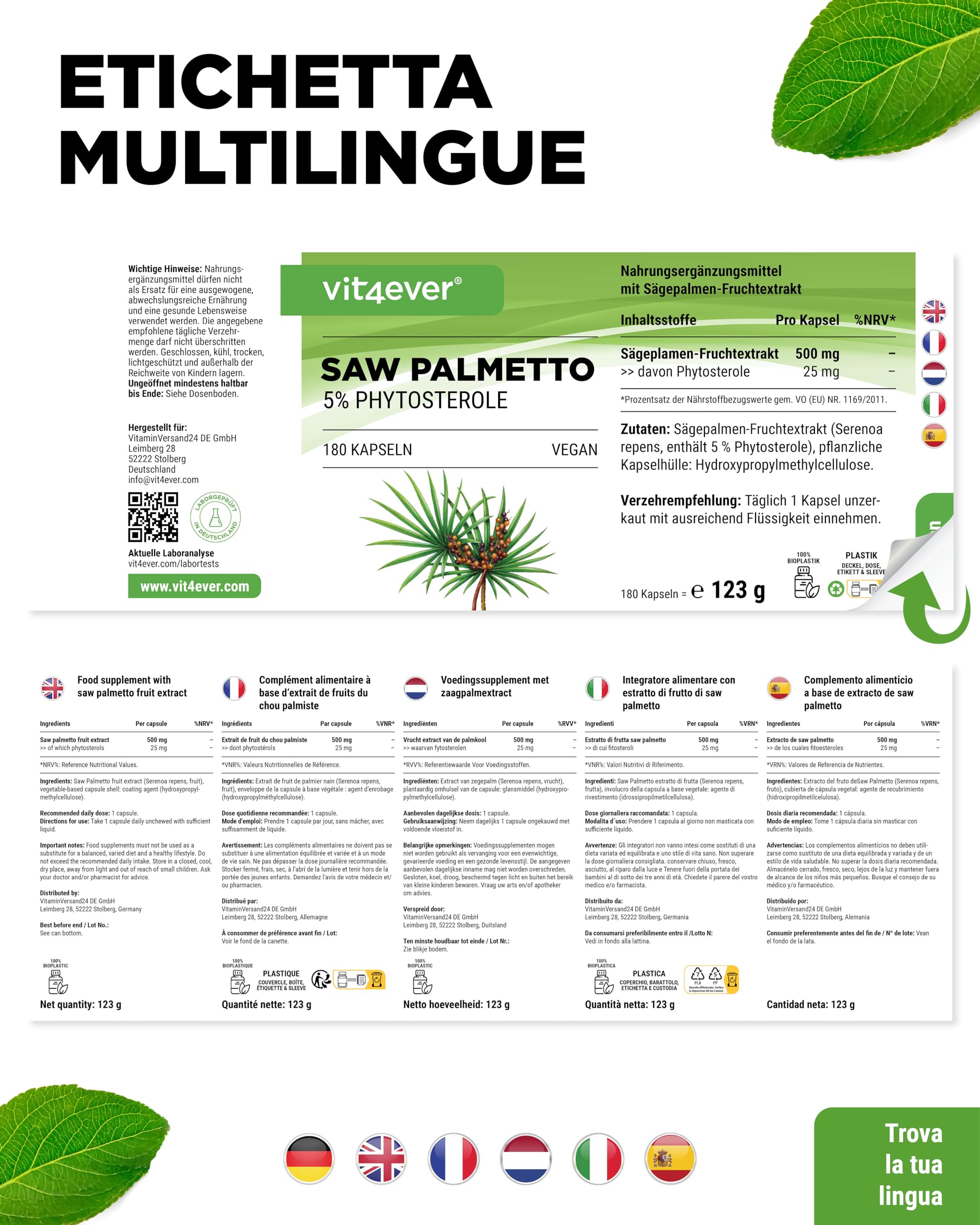 vit4ever Estratto di Saw Palmetto – 180 capsule con 500 mg di estratto di saw palmetto ad alto dosaggio – Premium: 5% fitosteroli = 25 mg – Senza additivi indesiderati – Vegano