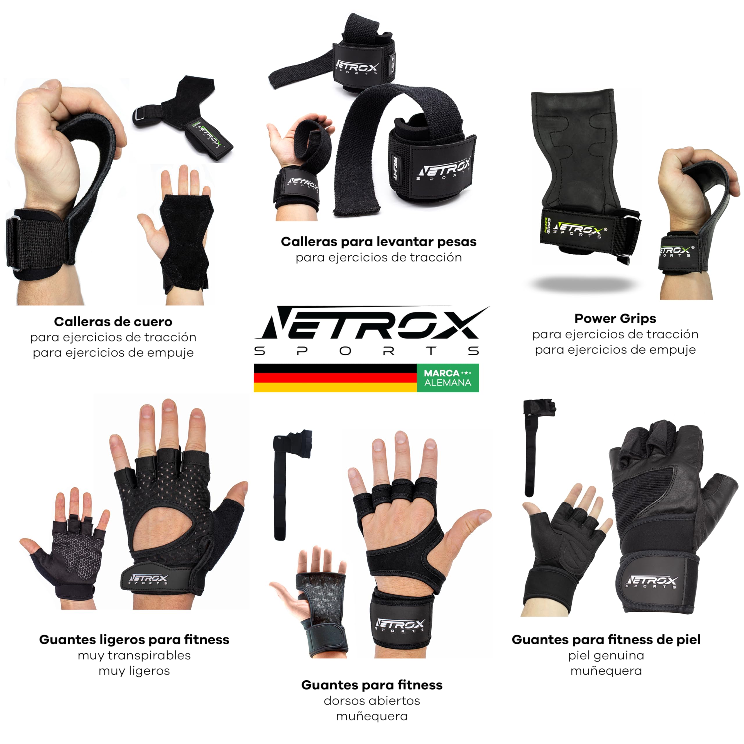 NetroxSports Hyper Grips - Lifting Straps Powerlifting - Levantamiento de Pesas - Correas - Agarres para Gym - Agarraderas Gimnasio - Peso Muerto (nego, M, Hyper Grips)