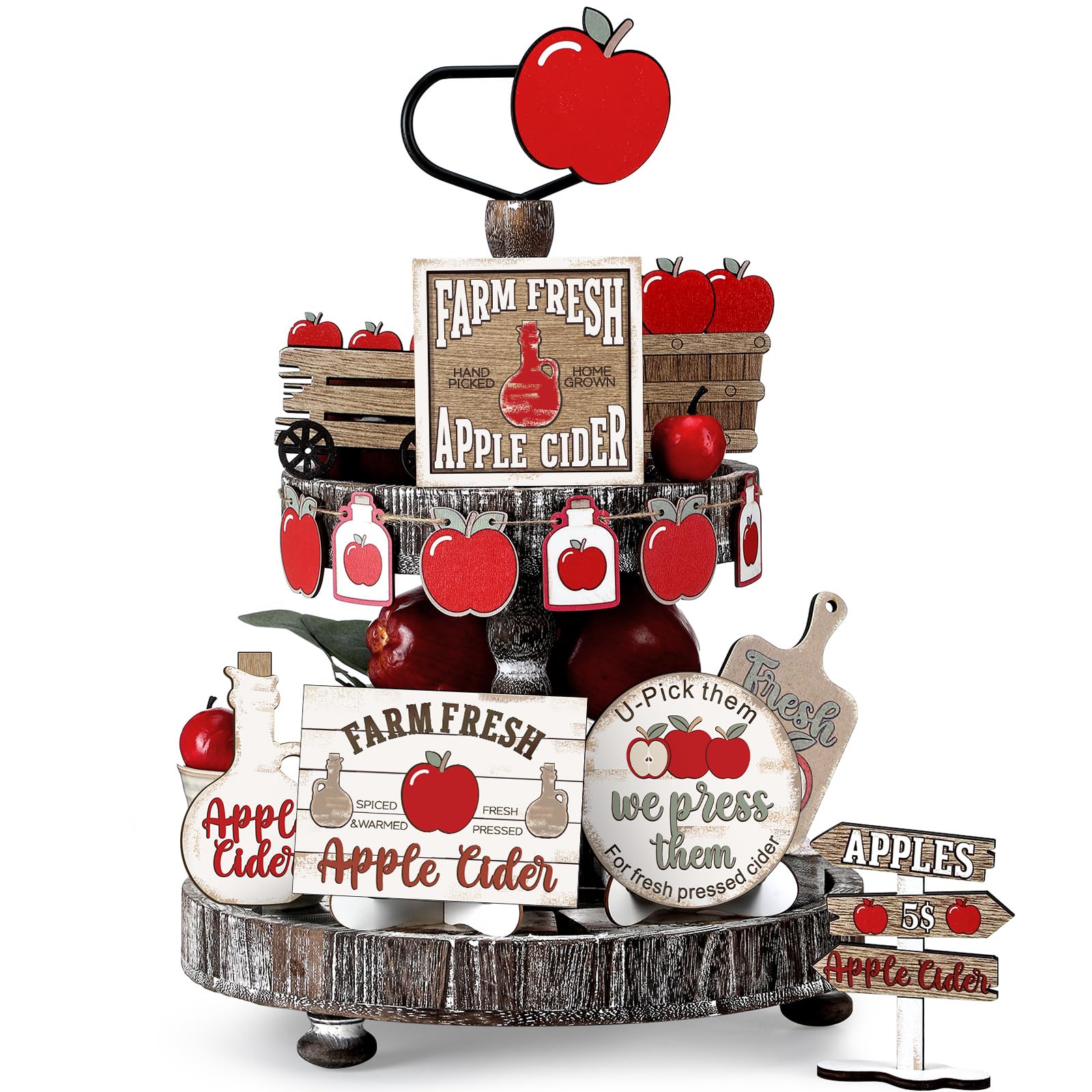 FairySandy 19 Pcs Apple Orchard Fall Tiered Tray Decor Set | Apple Cider, Farm Fresh Crate and U-Pick Orchard Signs for Autumn Kitchen Shelves, Tables