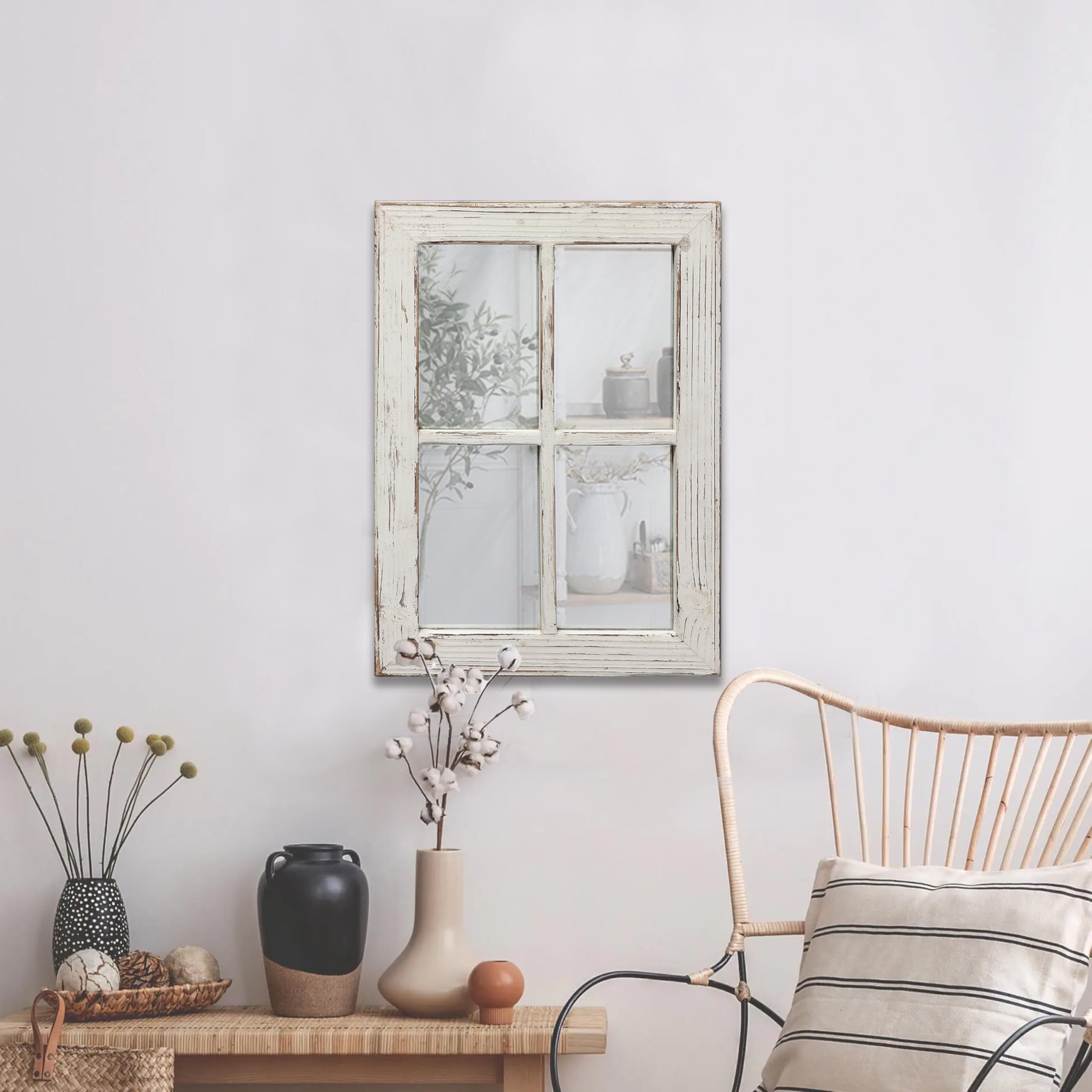 Espejo rústico para ventana pequeña, decoración de pared de 11 x 16 pulgadas, espejo rectangular con marco de madera blanco envejecido, espejos decorativos hechos a mano para sala de estar, 6