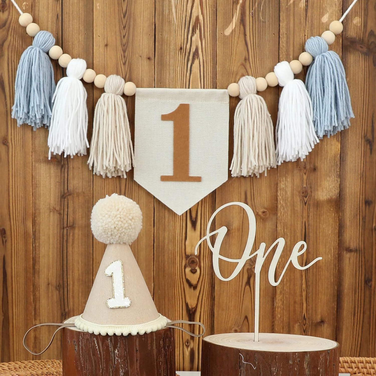 1st Birthday Highchair Banner Decorations For First Boys Khaki Cone Hat With One Cake Topper Photo Backdrop(Khaki Banner)