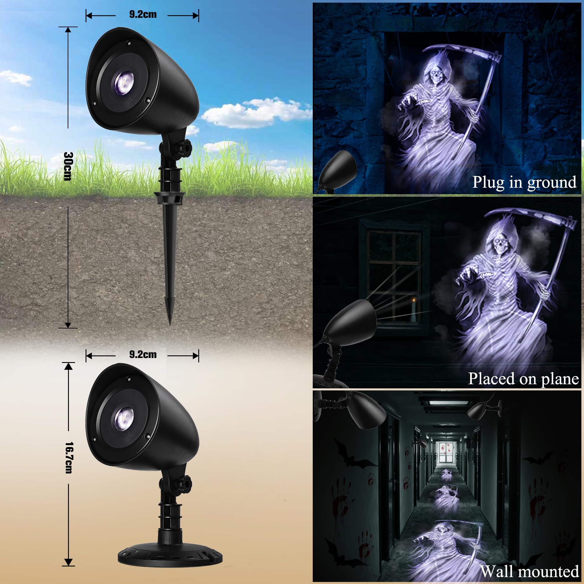 iShabao Projektor 3D Halloween z timerem, LED lampa wodoszczelna, biały ponury żniwiarz, na ścianę, okno, ogrod, podwórze, imprezę