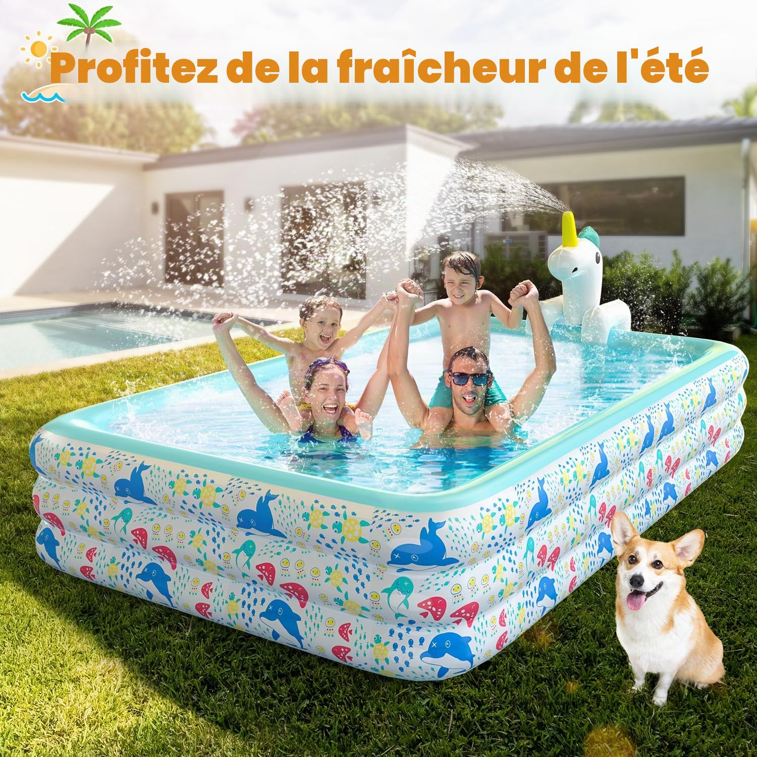 Piscine Gonflable Skirfy avec arroseur, Piscine de Jardin XXL 300 x 180 x 60 cm, Piscine pour Enfants épaissie adaptée aux Adultes et Enfants, Piscine extérieure Estivale pour Le Jardin
