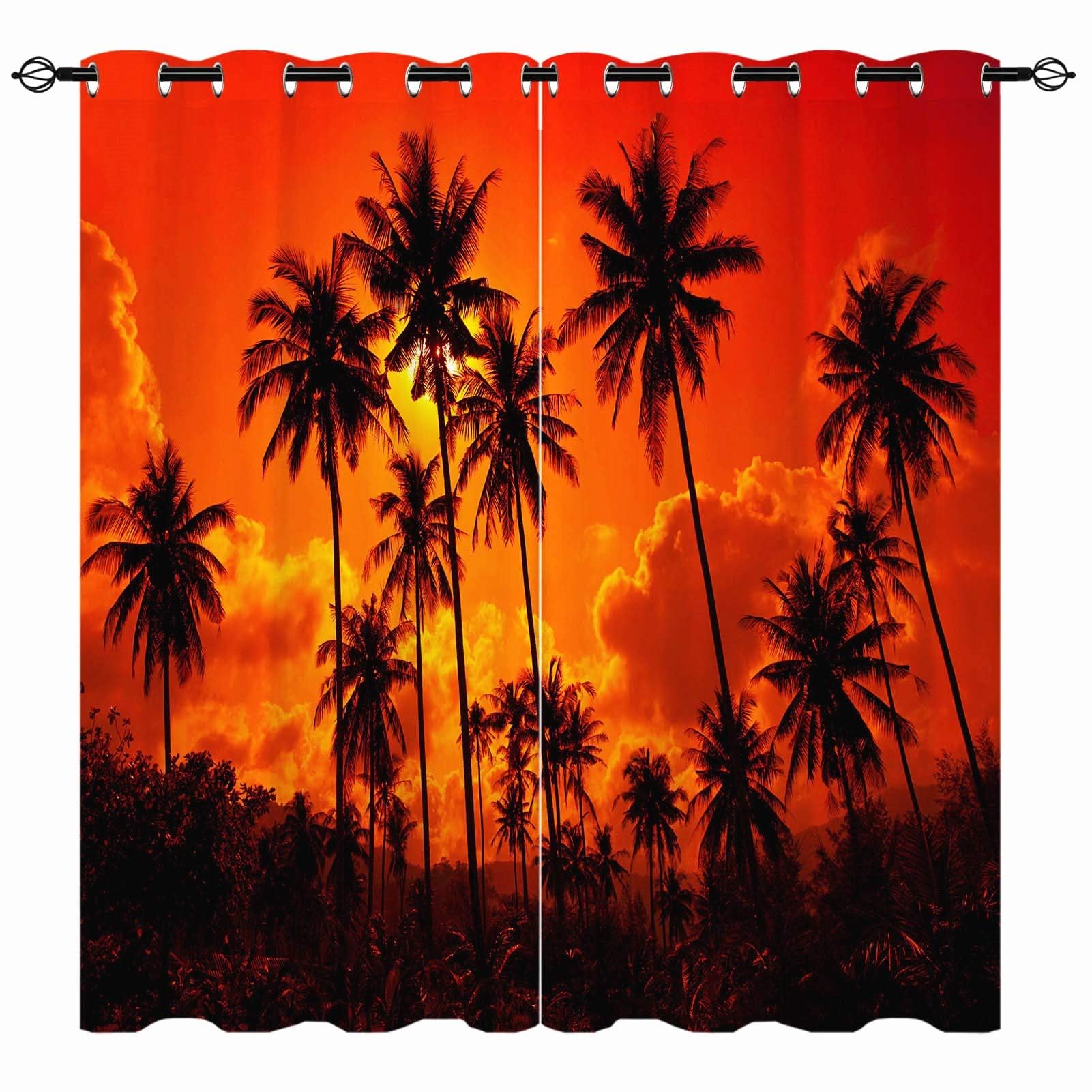 YUANZU Palm Trees Curtains - Tropical Sunset Forest Woodland Nature Landscape Scene Print Pattern Eyelet Blackout Thermal Room Darkening Window Drapes for Bedroom Living Room 2 Panels W132cm x D213cm — image 1