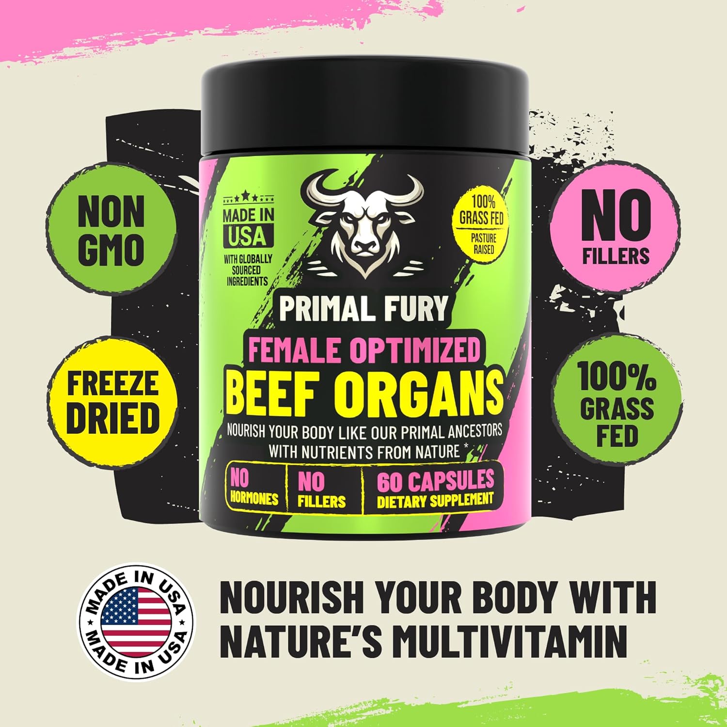 PRIMAL FURY Grass Fed Beef Organ Supplement for Women - Female Optimization Pills to Boost Energy & Balance Hormones - Ancestral Support for Modern Life, Made in USA, 60 Capsules