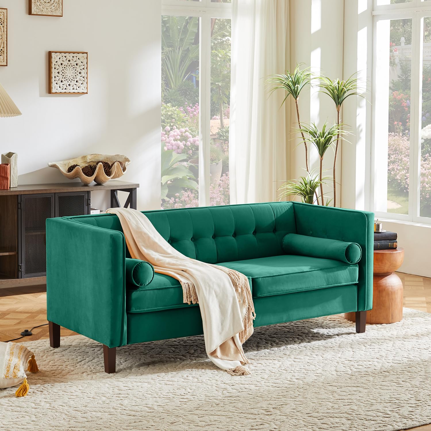 Dreamsir 58'' W Velvet Sofa, Mid-Century Love Seats Sofa Furniture with Bolster Pillows, Button Tufted Couch for Living Room, Tool-Free Assembly (Loveseat, Green)