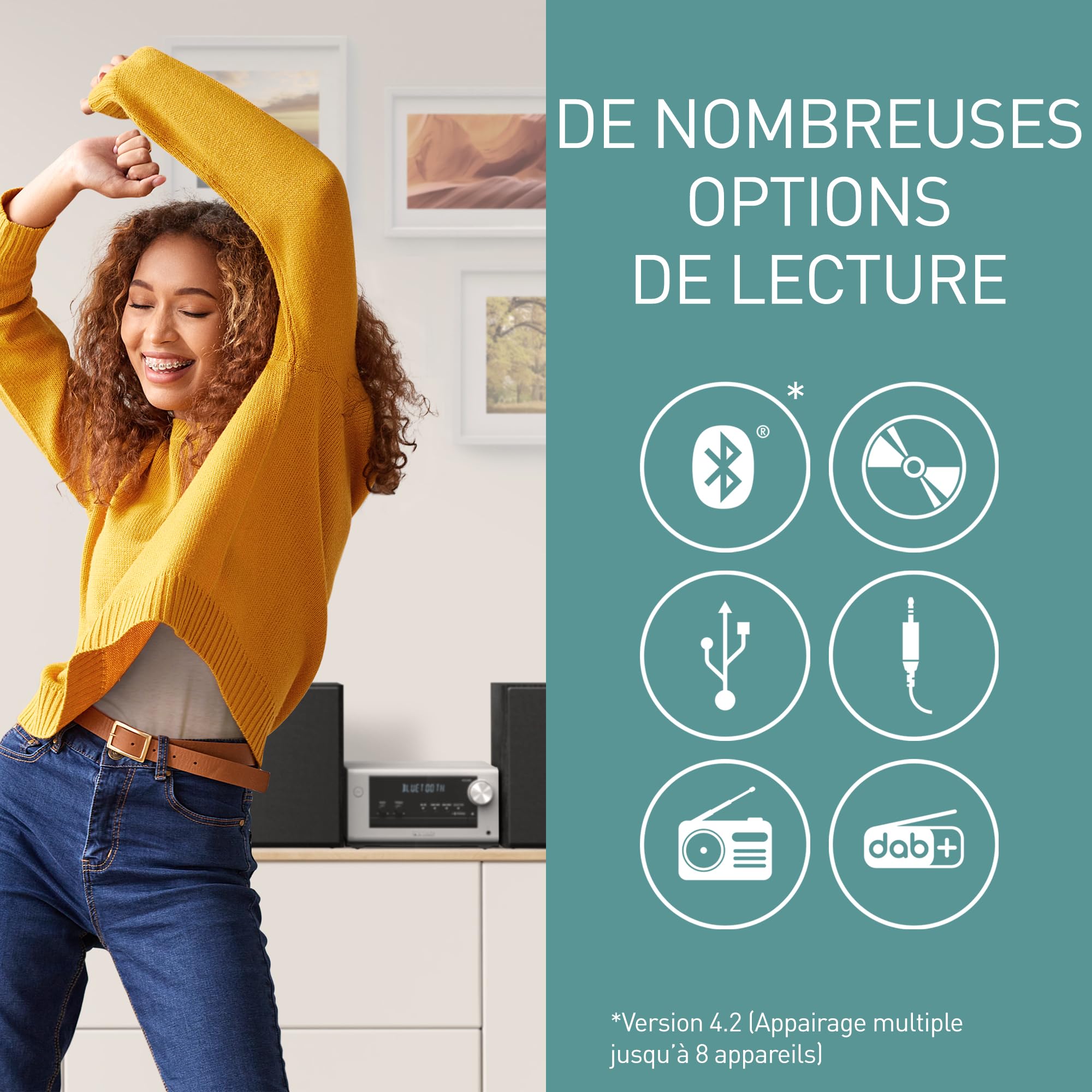 Panasonic SC-PM702EG-S Microchaîne Hi-Fi Stéréo Compacte avec CD, DAB+/FM, USB, Bluetooth, 80W, Argent