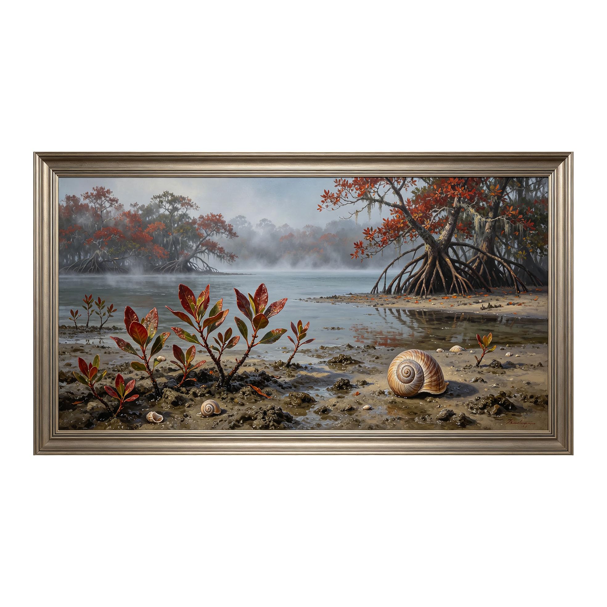Yzpallescene 3D Framed Wall Art 50cm×100cm Misty Mangrove Seascape Realistic Oil Painting Large Size SelfAdhesive Removable Wall Decor Prints Artwork for Living Room Bedroom Office