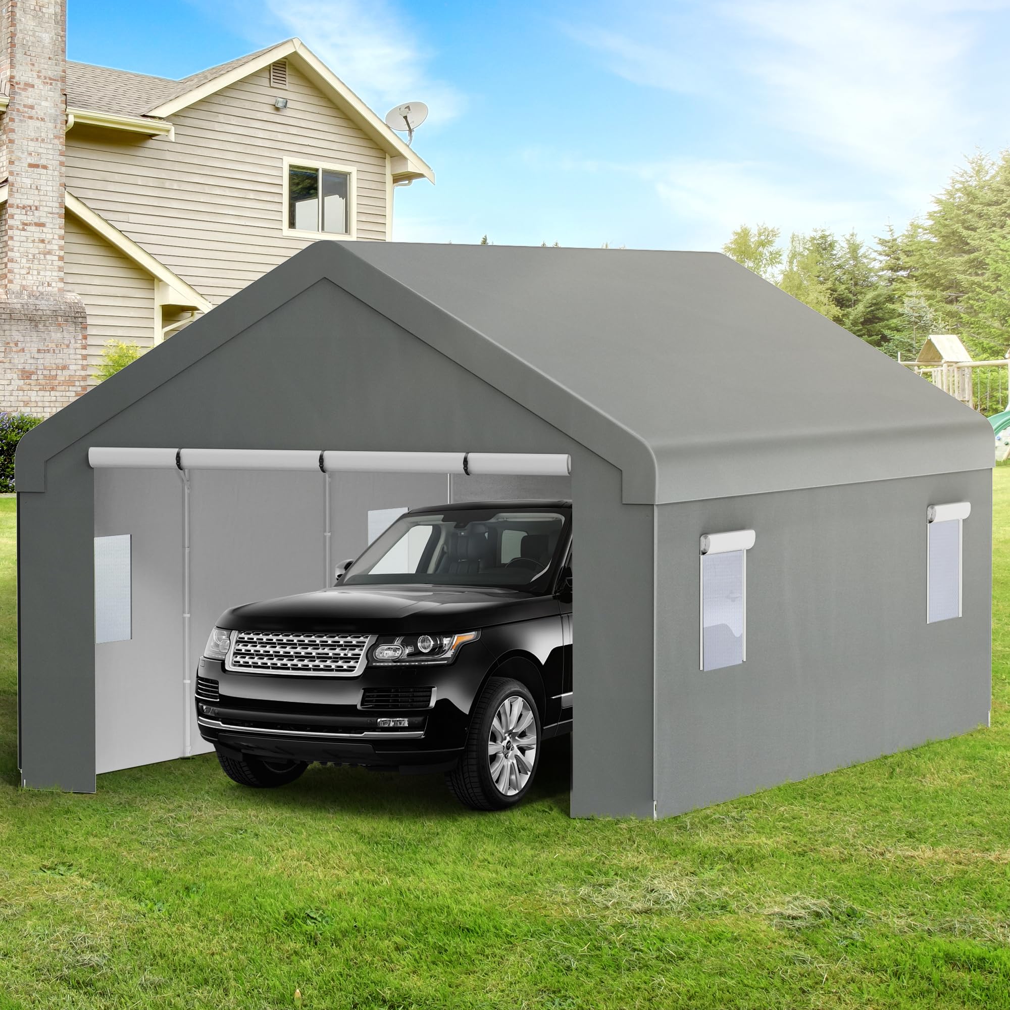 ROOMTEC Outdoor 13x20 FT Carport, Heavy Duty Canopy Storage Shed with Mesh Windows and Pure Iron Pipe, Waterproof Oxford Cloth, Removable Sidewalls & Doors, for Car, Boat, Party, Wedding, Light Grey