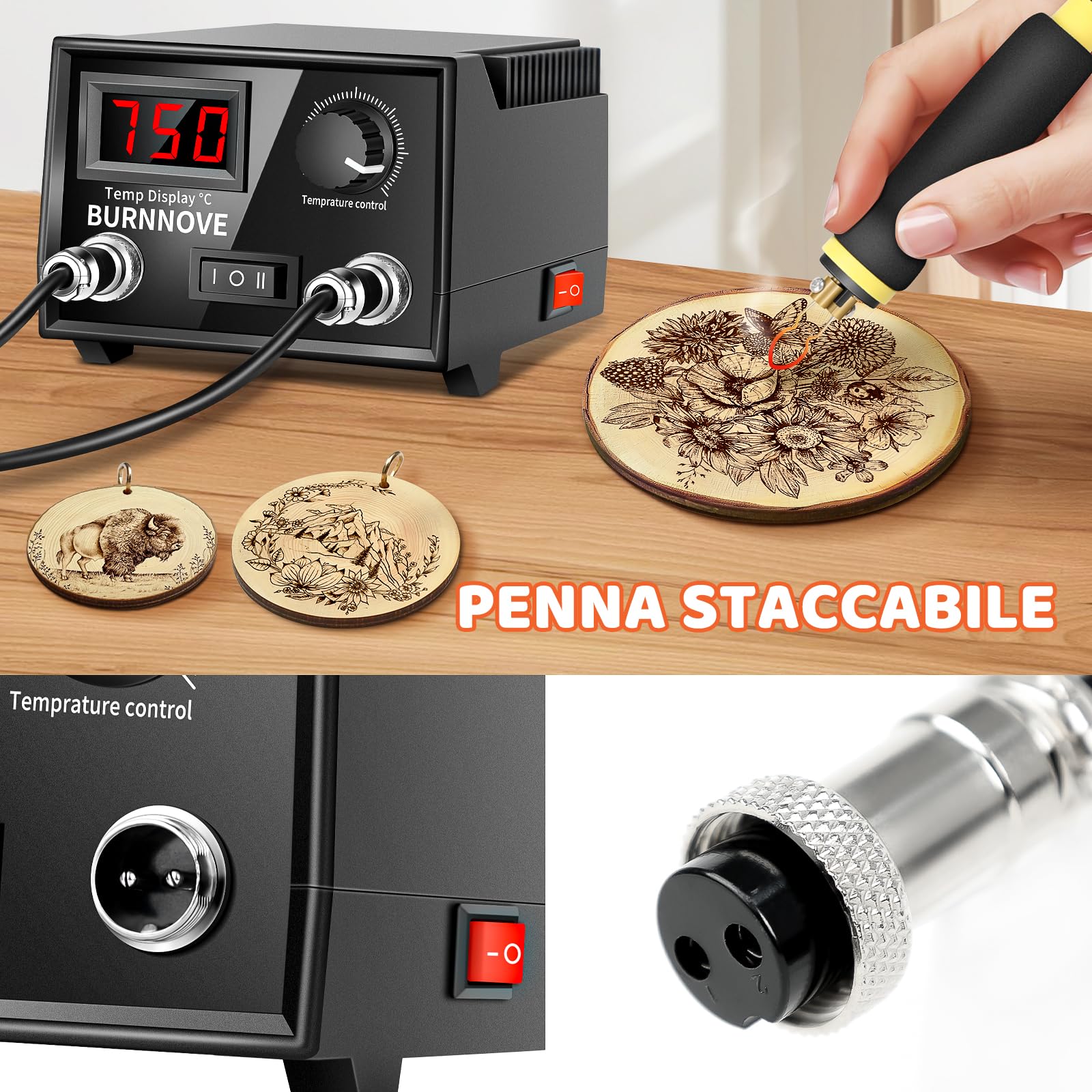 BURNNOVE Pirografo per Legno Professionale, 60W 220V con Doppia Penna, Display Digitale e Temperatura Regolabile 0-750°C, 21 Punte per Decorazione su Legno, Pelle e Zucca