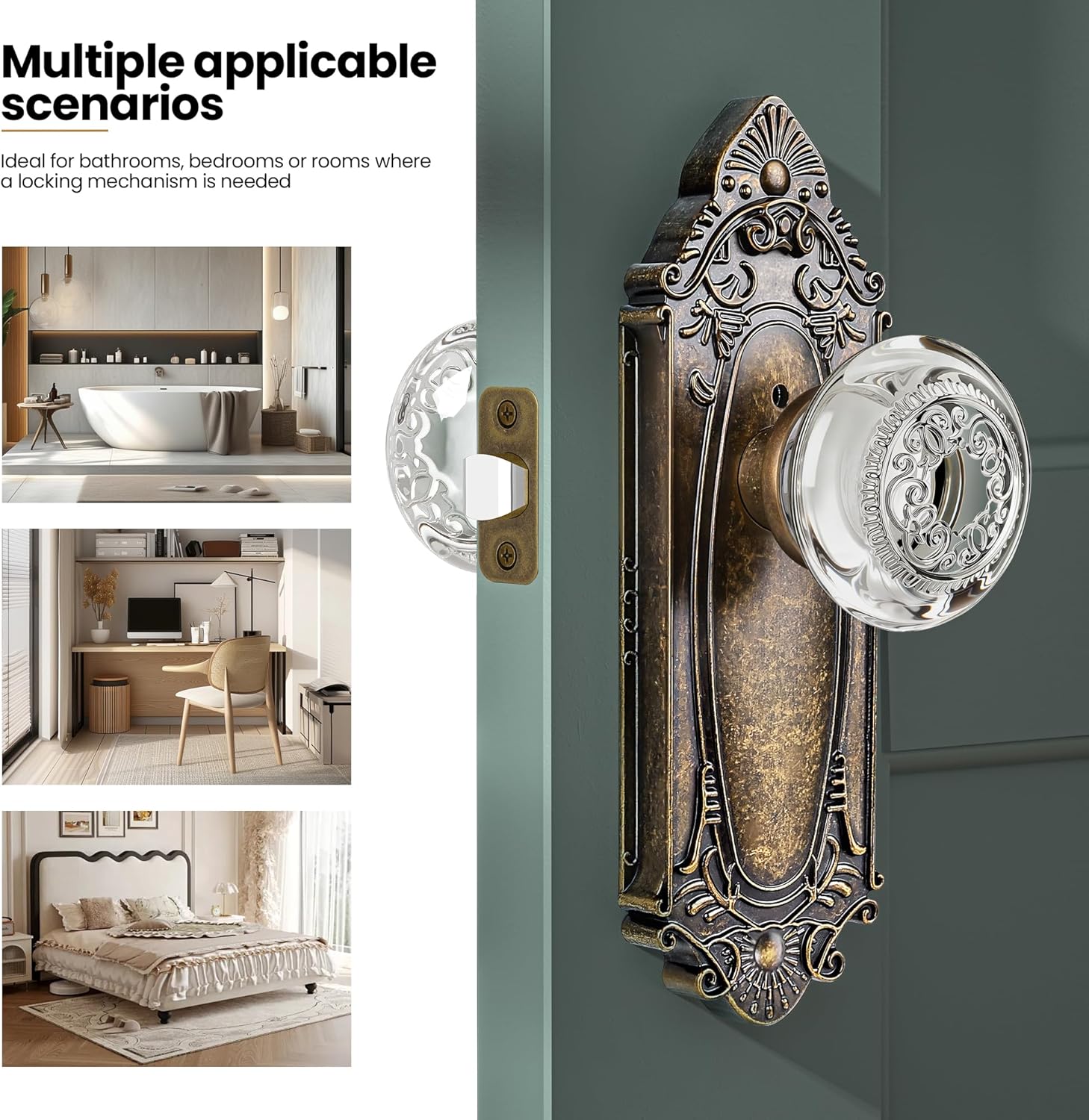 Luxury Glass & Crystal Door Knob with Antique Brass Privacy Lock and Diamond Cut Plate - for Bedroom,Bathroom,Hallway and Closet Interior Doors - Vintage Farmhouse Style