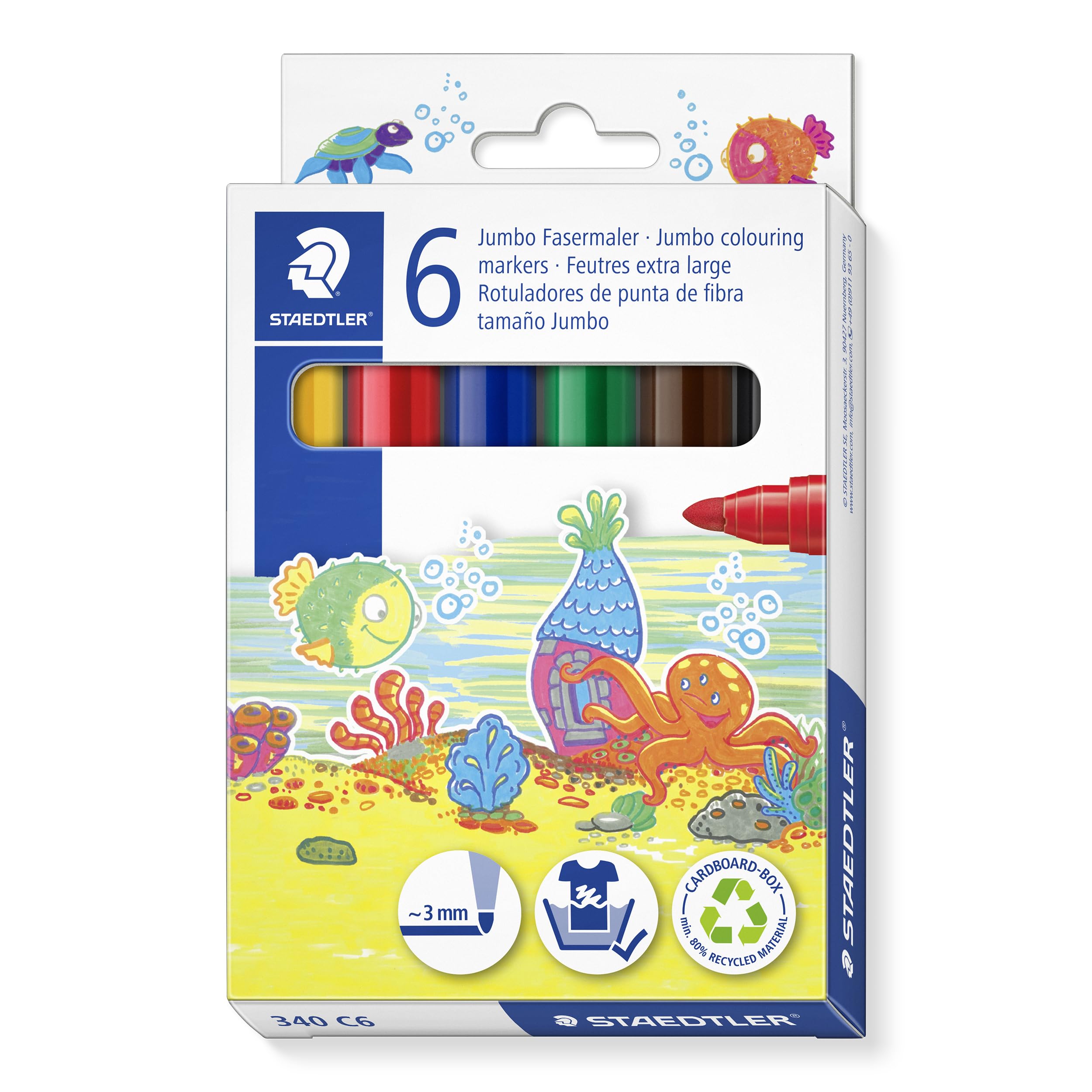 Staedtler Noris 340 Jumbo Fibre Tip Pen, Especially for Small Children's Hands, Cardboard Case with 6 Jumbo Fibre Tip Pens in Assorted Colours, 340 C6