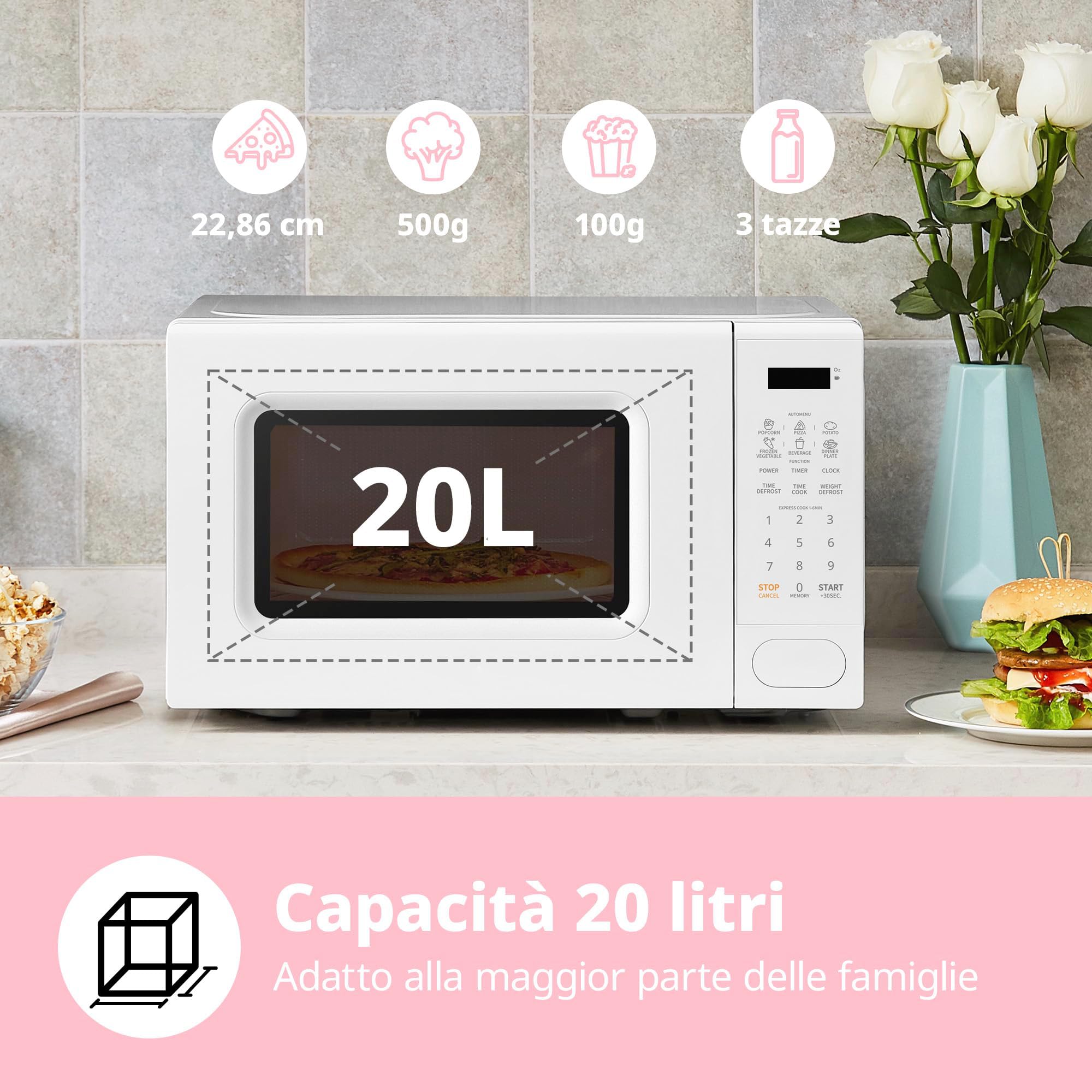 Forno a Microonde Digitale, 700W, 20L, 6 Menù Preimpostati, Express Cook, 11 Livelli di Potenza, Scongelamento, Funzione di Memorizzazione - Bianco