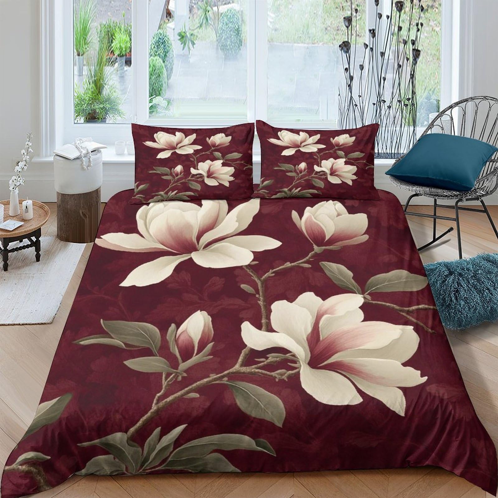 Ctjqhvkz Style-8 3D Printed Burgundy Magnolia Fitted Sheet Microfiber Soft Breathable Floral Bed Sheet For Bedroom Guest Room Decor Mattress Cover Single（135X200cm）