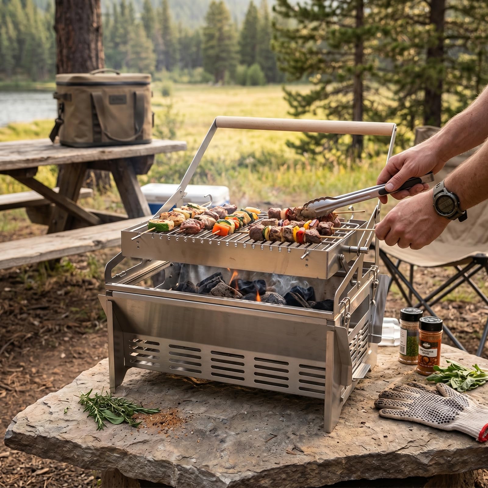 Fdit Obrotowy Grill, Odwracany Grill Węglowy ze Stali Nierdzewnej Przenośne Narzędzie do Grillowania na Piknik Kempingowy Yard Party Gotowanie na świeżym Powietrzu