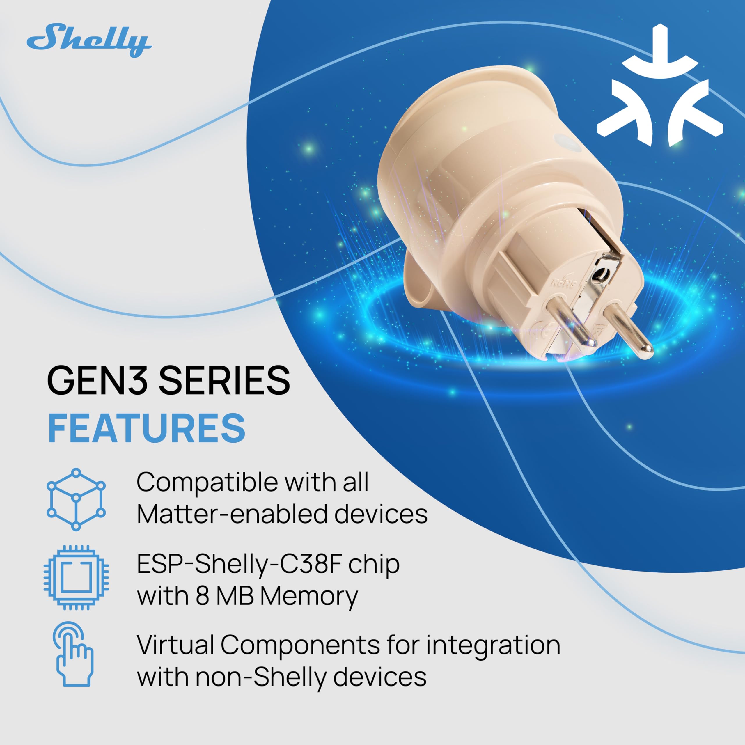 Shelly Outdoor Plug S - Prise connectée extérieure Matter, Type F, 12 A (2500 W), Étanche (IP44), Wi-Fi, Mesure consommation électrique, Compatible avec Apple Homekit, Alexa, Google, SmartThings