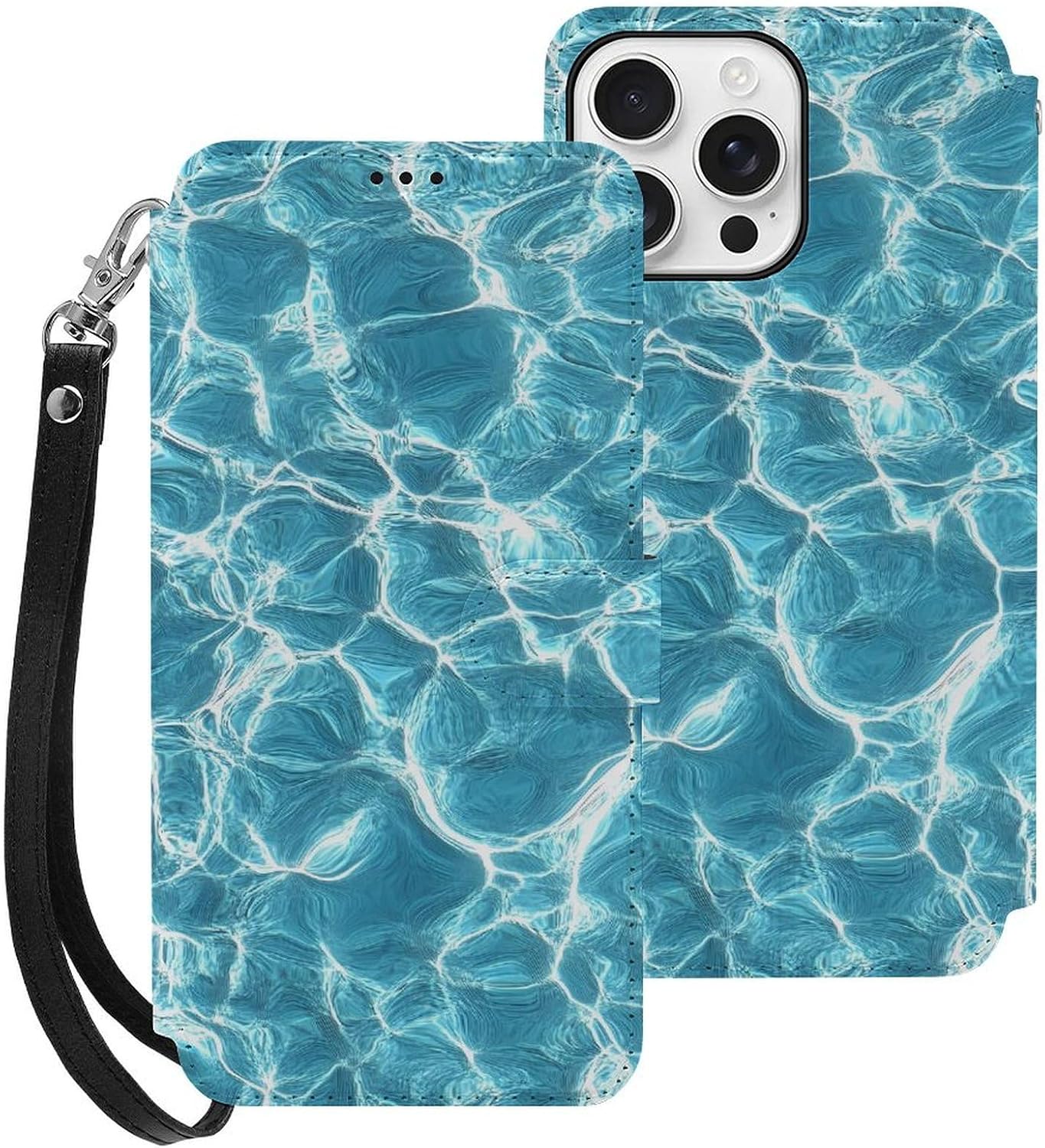 Glass Sea Water Compatible with iPhone 16/16 Plus/16 Pro/16 Pro Max/16 E Case Phone Wallet Card Holder Flip Cover with Wrist Strap