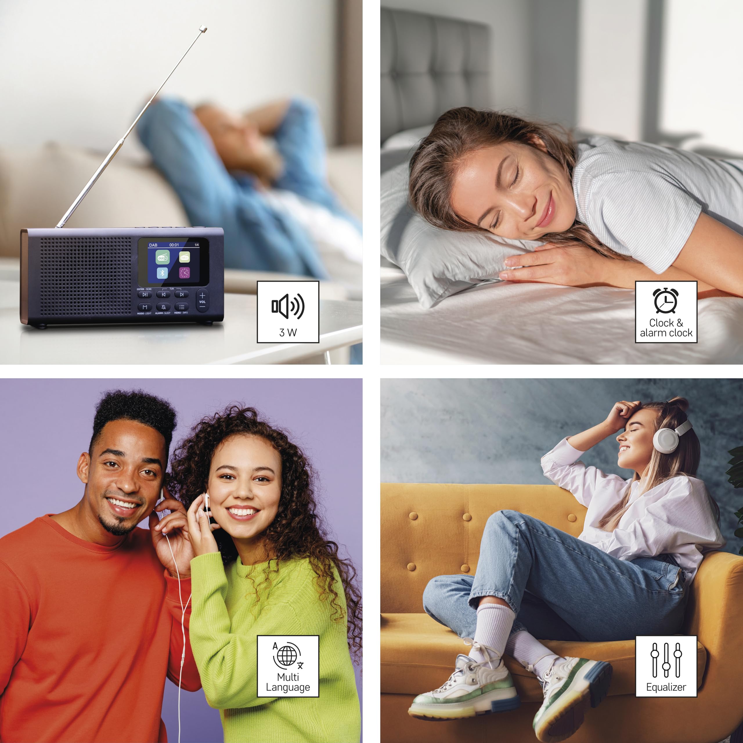 EMOS - Radio DAB + Bluetooth e doppia alimentazione - Radio digitale portatile con sveglia, Sleeptimer e 40 posizioni - 4 a scelta rapida - Radio da cucina DAB+FM TFT LCD a colori - Nero
