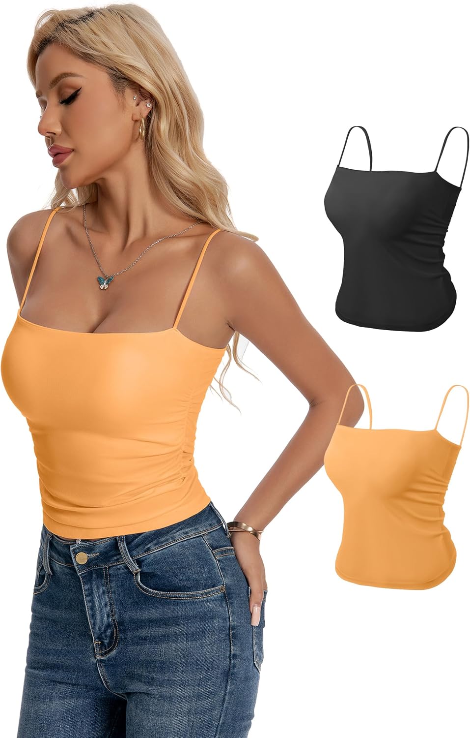 Women Camisole Tube Tops - Crop Bandeau Tank Built in Bra Spaghetti Strap Y2K Basic Cute Sexy Padded Cami Top