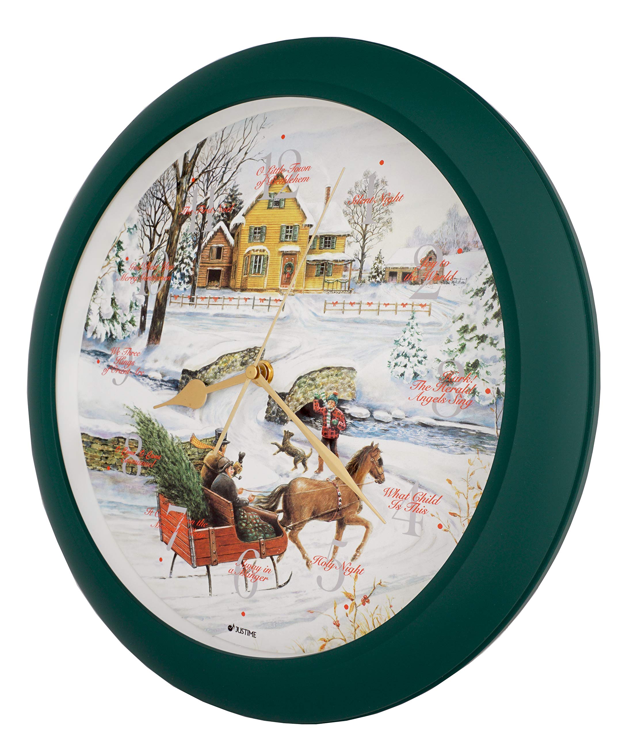 JUSTIME 14-inch Christmas Song of Carols Wall Clock, Green