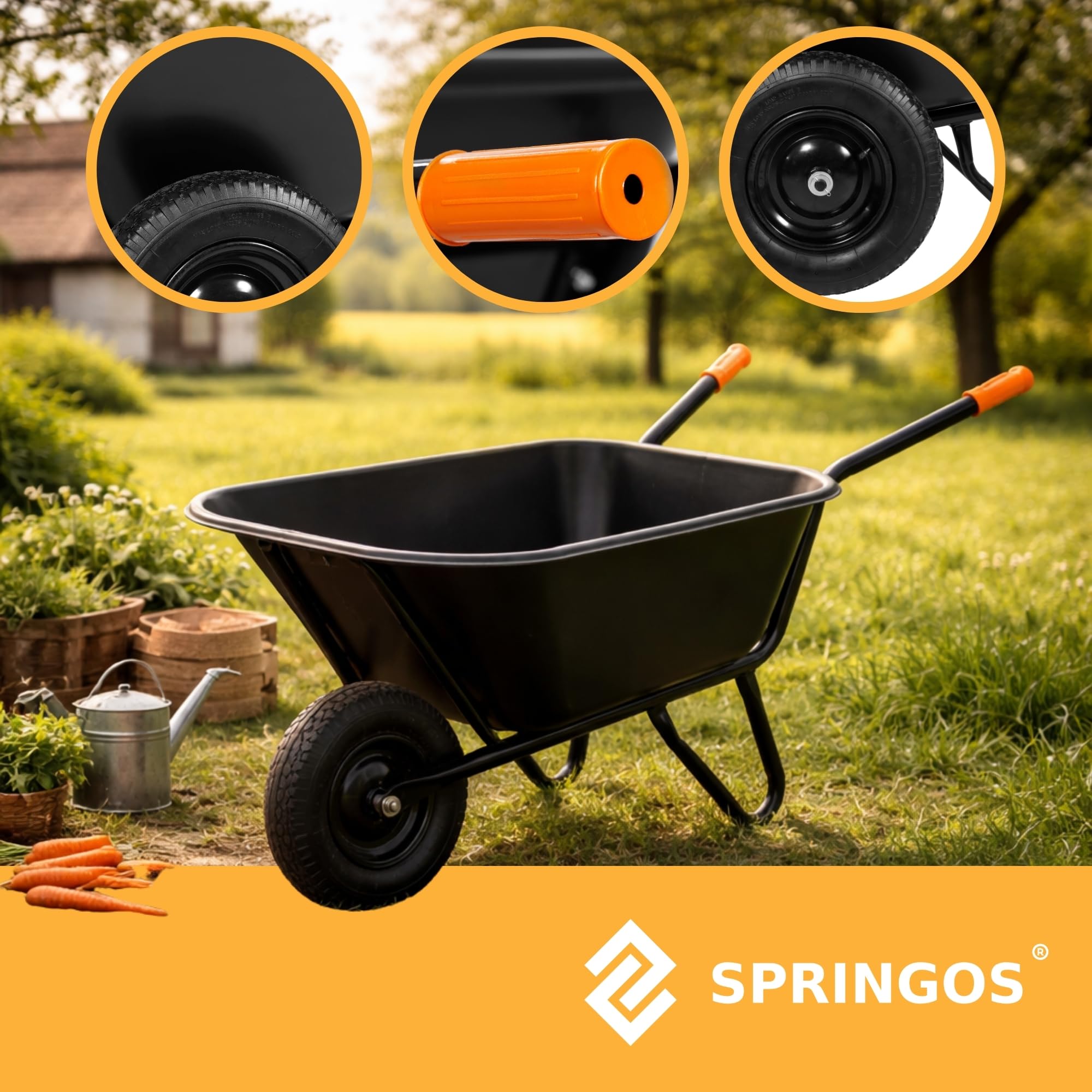 SPRINGOS - Brouette de jardin 300 litres à deux roues, capacité 160 kg, roues pneumatiques, bac en plastique, montage facile, pour travaux de jardinage et de construction