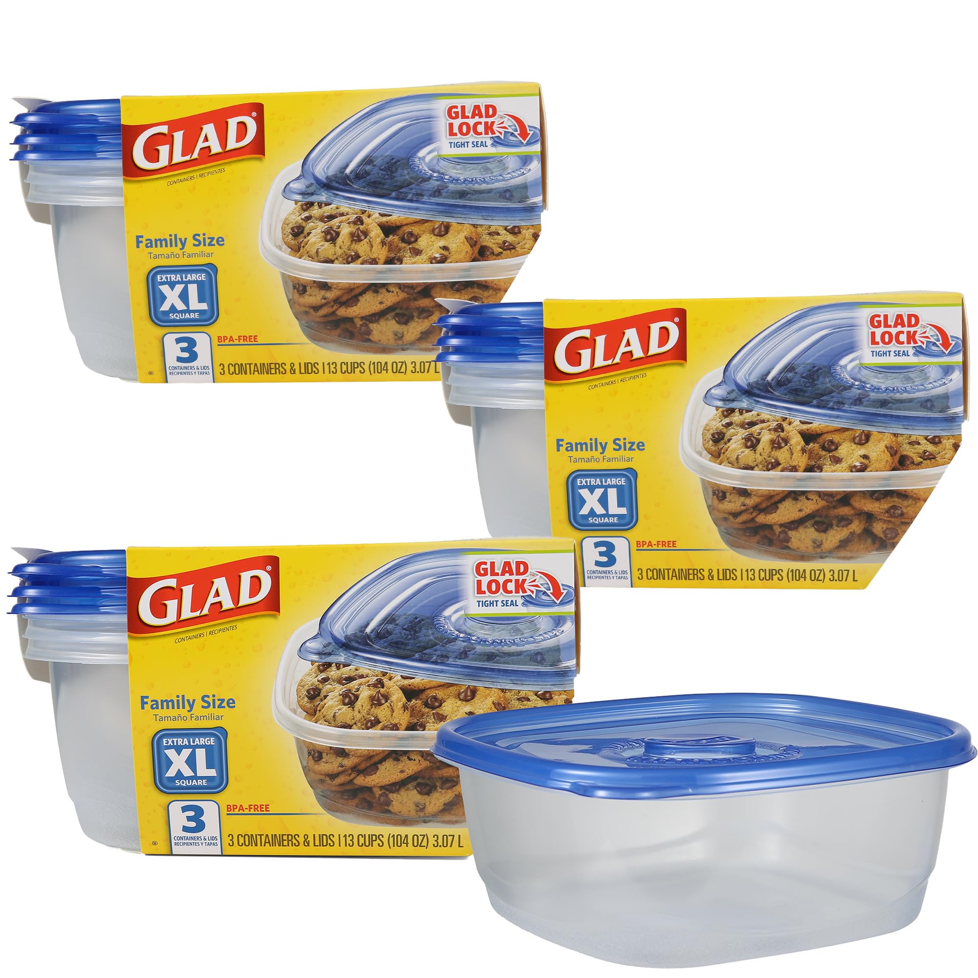 Glad Ware Lot de 3 boîtes de conservation alimentaires de taille familiale, XL | Grand ensemble de récipients carrés, peut contenir jusqu'à 3 000 ml de nourriture | Récipients de cuisine en plastique
