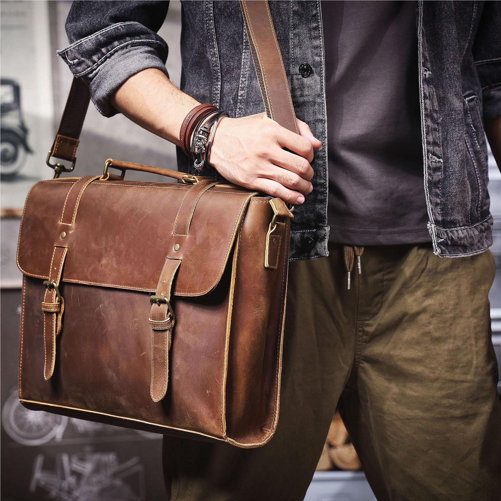 Vintage Men's Leather Briefcase 15" Laptop Bag, Messenger Bags For Work Business Handbag