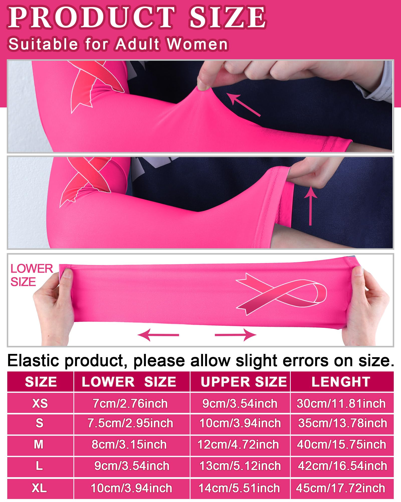 Handepo 12 Pairs Breast Cancer Awareness Sleeves Ribbon Arm Sleeves UV Protection Compression Arm Sleeve for Women Men Youth (Pink,Small)