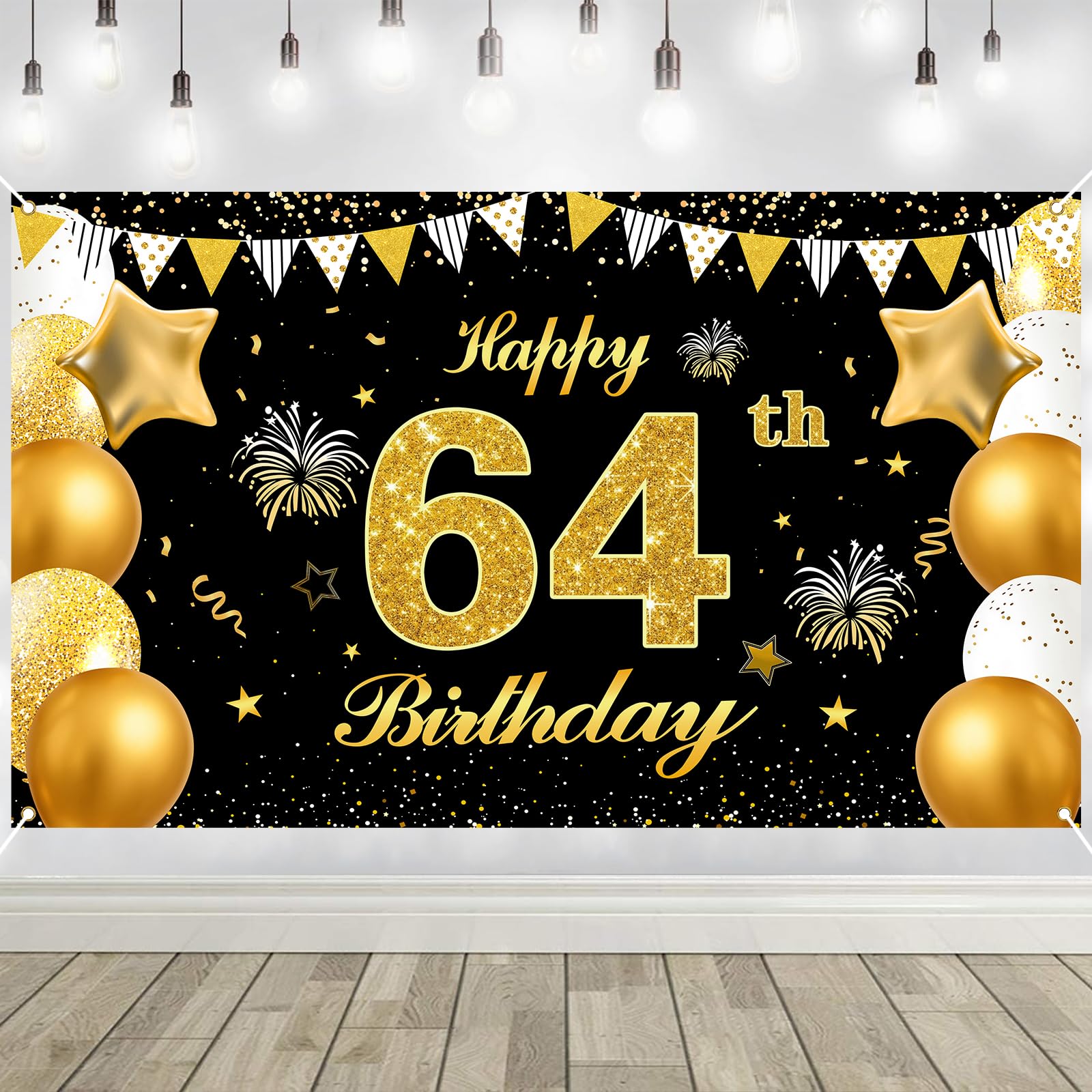 64th Birthday Decorations Banner Gold Black Happy Birthday Door Banner for Party Photo Backdrop for Men Women Home Outdoor Cover Party Decoration Supplies Poster