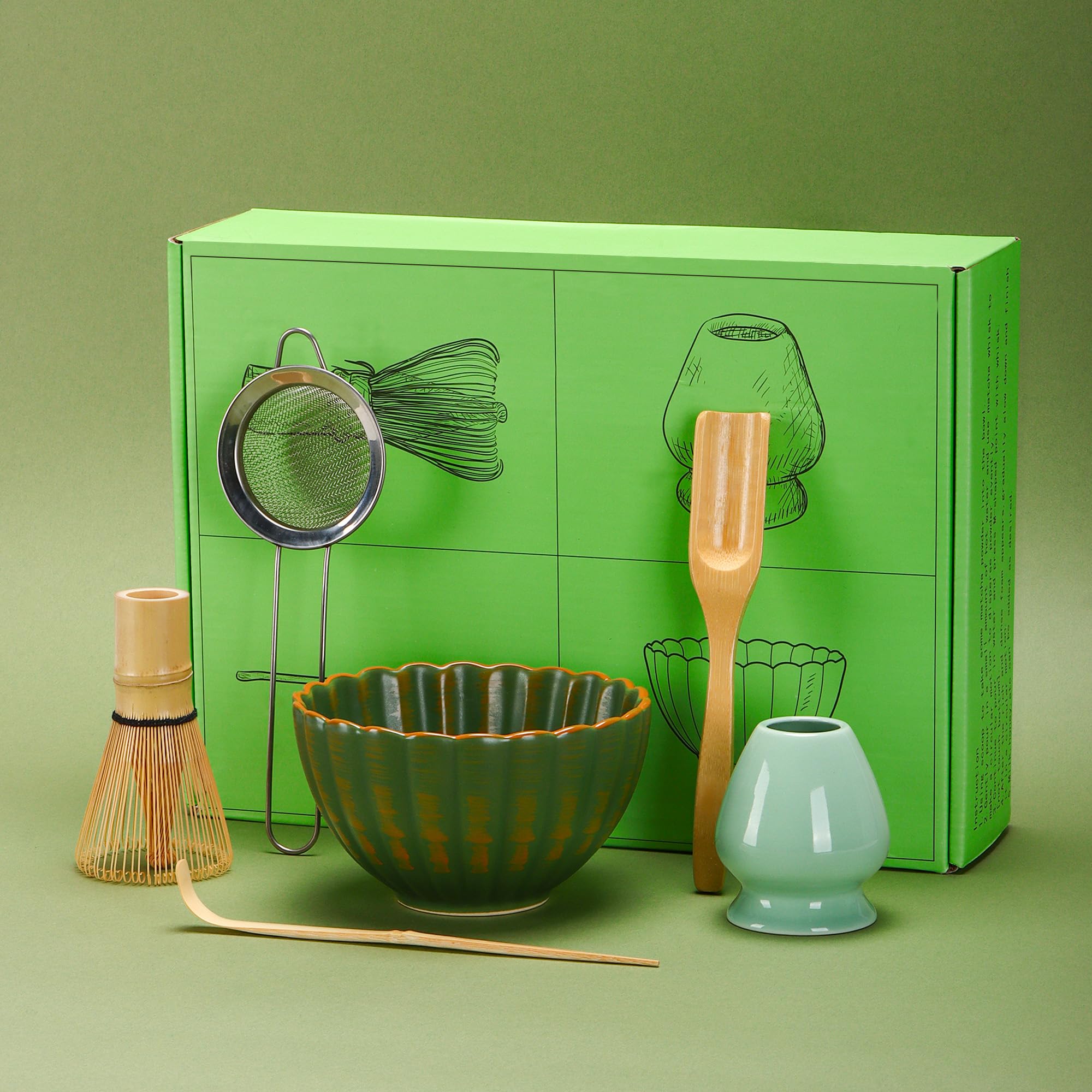 Matcha Tea Set 6 Pcs, Japanese Traditional Bowl, Bamboo Whisk (Chasen), Scoop (Chashaku), Stainless Steel Sifter, Holder (green)