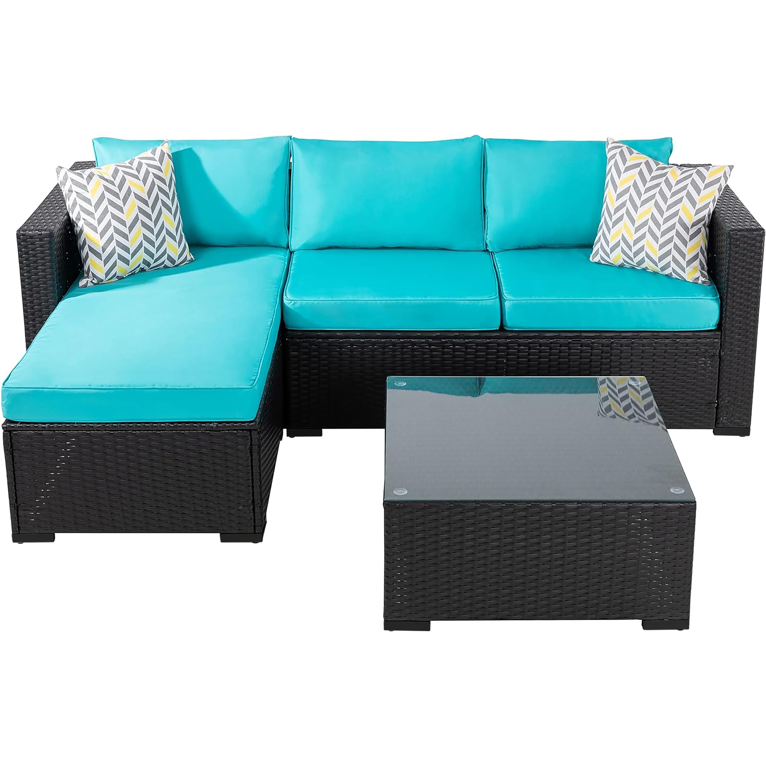 Shintenchi Outdoor Wicker Patio Sofa Set, Black All-Weather Rattan Small Sectional Patio Set and Chaise Lounge w/ Glass Coffee Table and Washable Couch Cushions Patio Conversation Set (3 Piece,Blue)